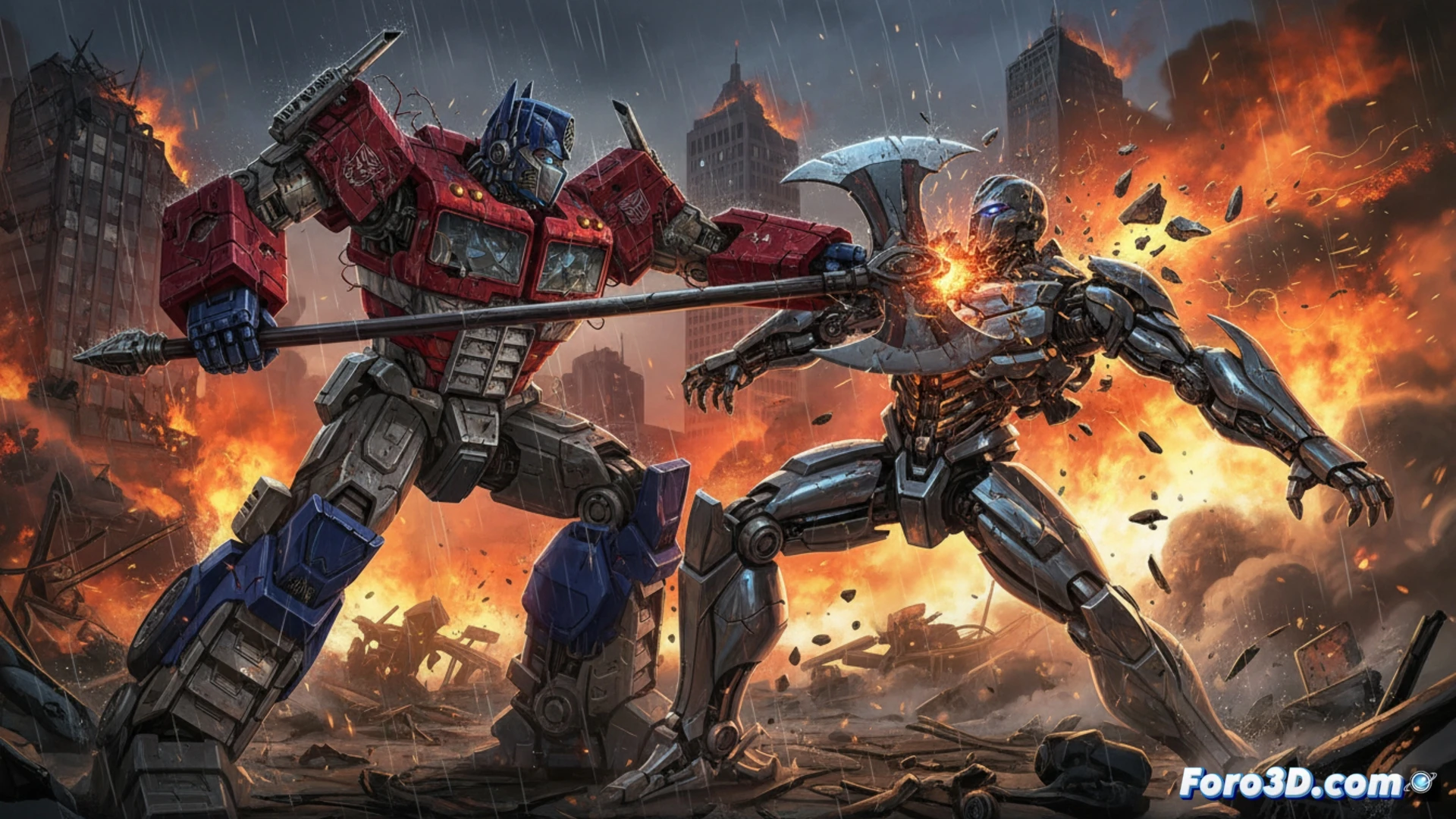 Ilustración de robot Transformers con daño de batalla, chispas y metal deformado sobre fondo oscuro