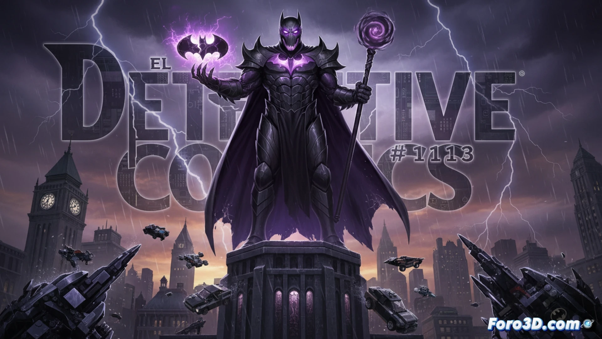 Una figura oscura de Batman con capa al viento, rodeada de cómics, piezas LEGO y un cartel del Batman Day.