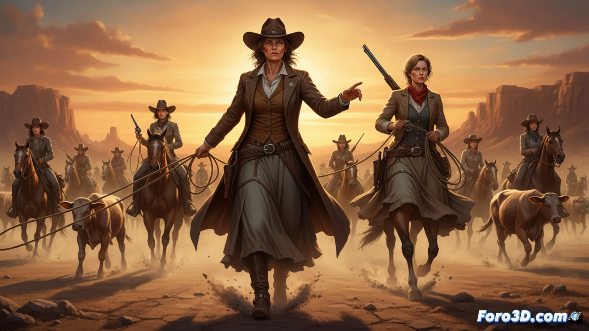 Vaquera ajustando un revólver de percusión bajo luz de atardecer, mientras otra mujer sostiene un mapa topográfico digital sobre una silla de montar, caballo nervioso al fondo contra un horizonte polvoriento, escena de comando femenino en el Viejo Oeste, herramientas mecánicas y equipo táctico sobre una mesa de madera, mostrando acción de preparación técnica y liderazgo, estilo cinematográfico fotorrealista con texturas de cuero, metal oxidado y polvo iluminado por rayos oblicuos, composición dramática con profundidad de campo y contraste entre lo analógico y lo moderno, iluminación cálida de puesta de sol, ultra detallado.