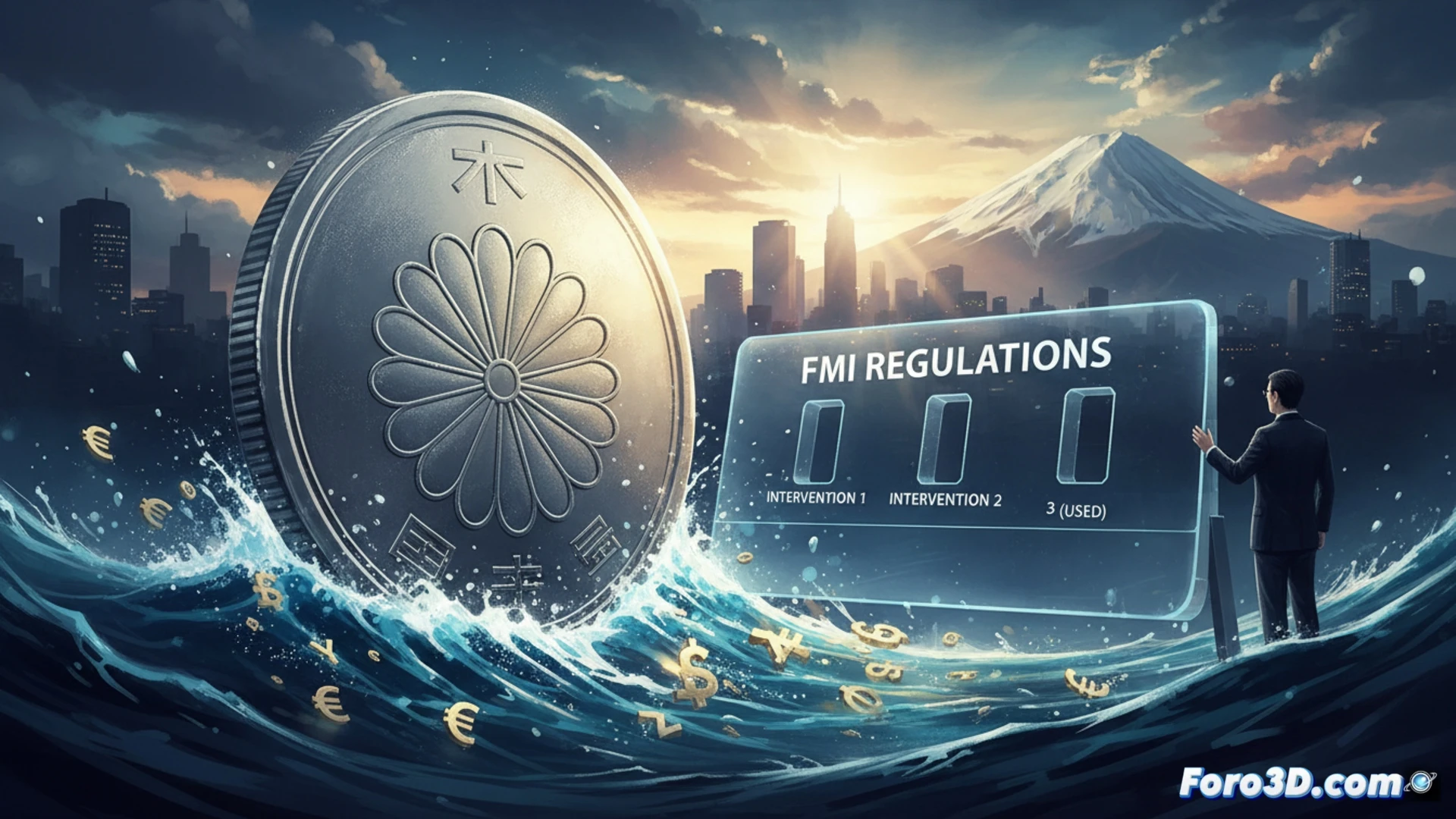 Ilustración de un yen japonés en alza sobre gráfico financiero, con dos flechas de intervención marcadas hacia noviembre y un fondo de Tokio al atardecer.