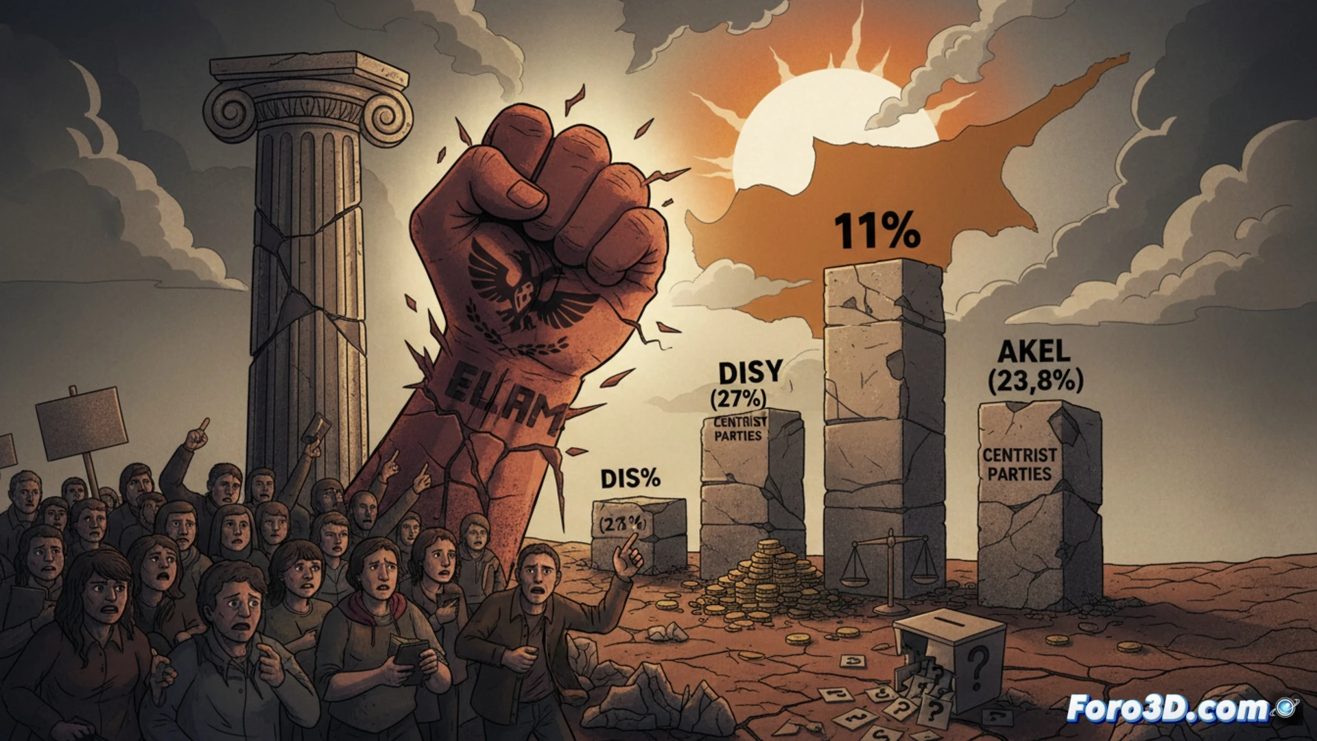 three ballot boxes on a wooden table, one with a rising ELAM arrow breaking upward through a cracked glass lid, two larger stable boxes labeled with faded party symbols on either side, a voting screen in the background showing a fragmented map of Cyprus with a glowing 11% segment, scattered ballot papers with torn edges around the base, cinematic political infographic style, photorealistic technical render, dramatic chiaroscuro lighting from a single pendant lamp above, deep shadows, metallic ballot box surfaces reflecting faint light, dust particles suspended in air, wide-angle lens perspective emphasizing the central box's upward motion