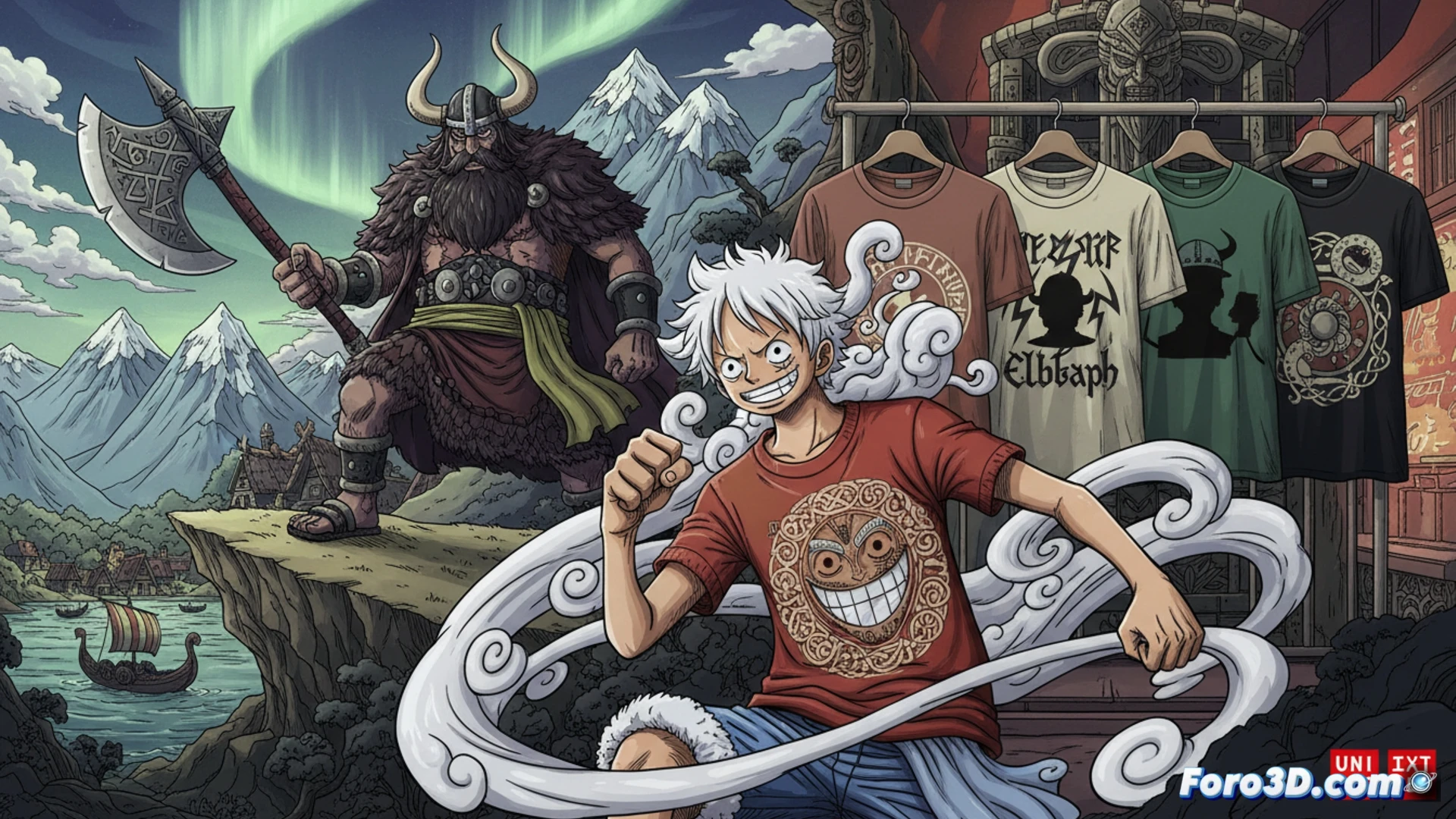 Un collage vibrante: Luffy sonriente en Elbaph con gigantes y runas nórdicas, junto a camisetas de Uniqlo con motivos vikingos.