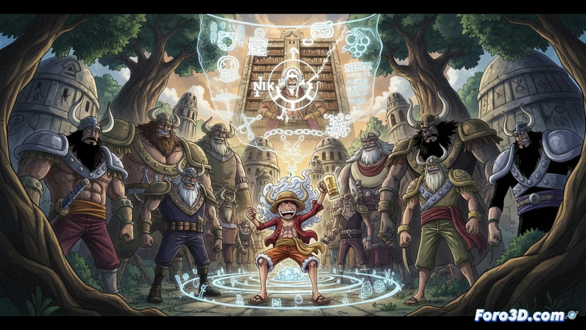 Una épica batalla entre gigantes y piratas en Elbaph, con Shanks y Luffy enfrentando sombras colosales bajo un cielo rojo tormentoso.