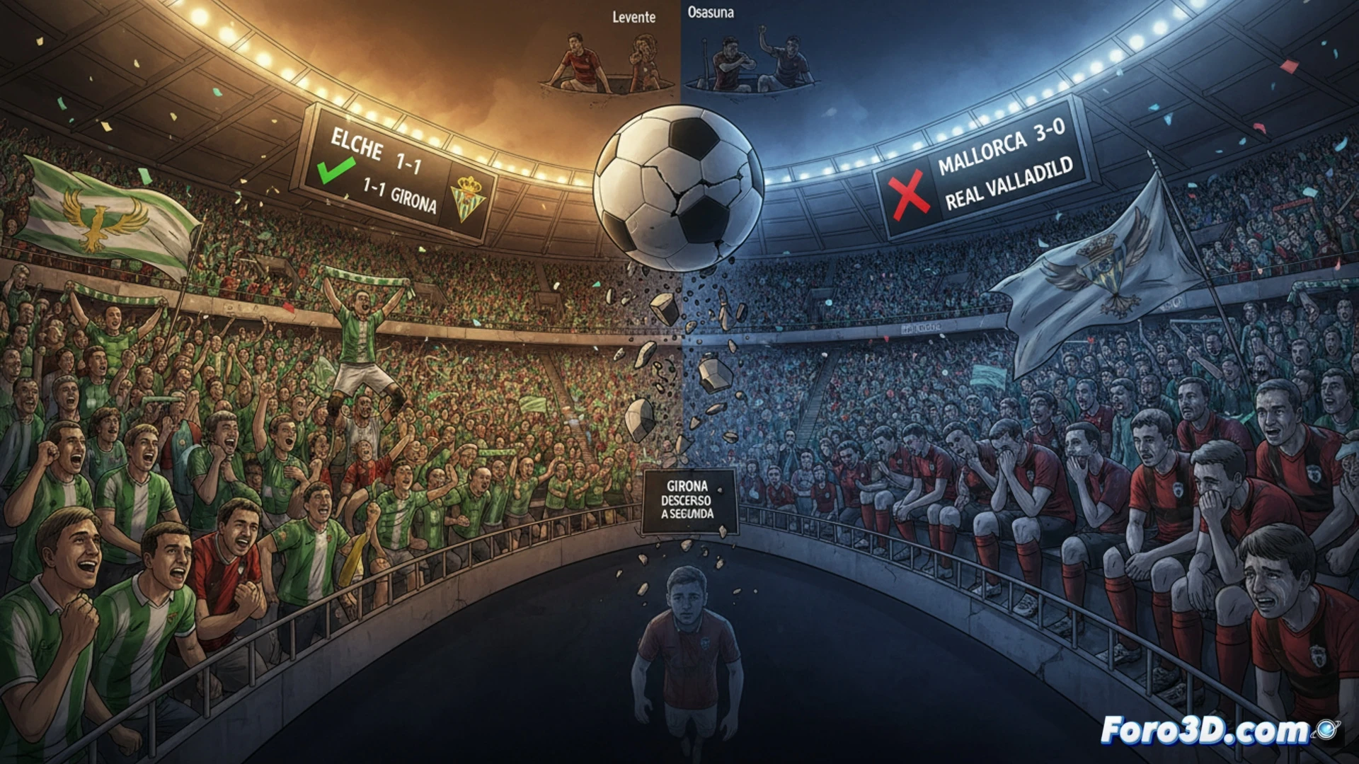 three football stadiums in dramatic final matchday montage, left side Montilivi stadium Elche player celebrating equalizer while Girona player falls to knees, center Mallorca player scoring goal with desperate celebration, right side scoreboard showing relegation zone with Girona dropping, stadium floodlights casting harsh shadows, grass torn from frantic tackles, tearful fans in stands holding scarves, cinematic sports photography style, high contrast lighting, motion blur on running players, realistic crowd textures, dramatic sky with sunset clouds, photorealistic technical render