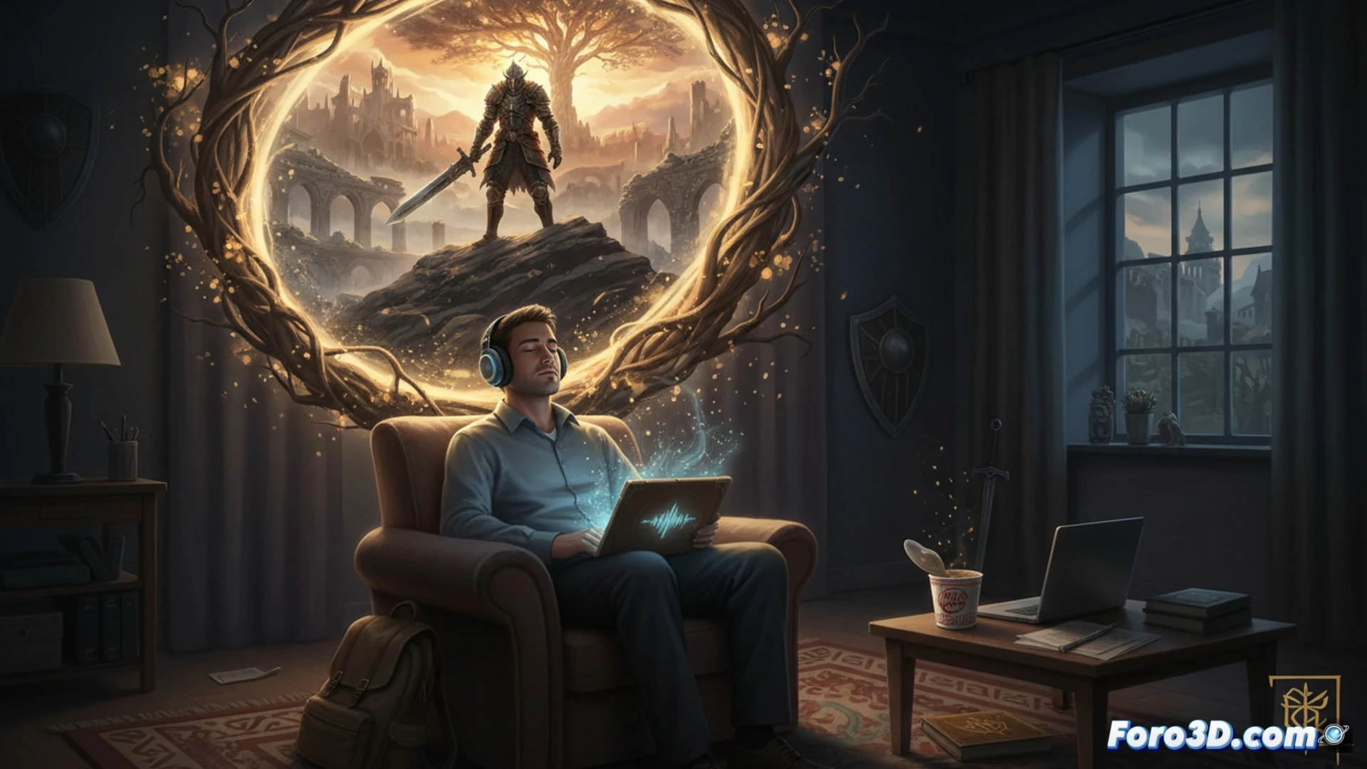 young man wearing office clothes sits at a dimly lit desk, holding a smartphone with a headphone jack visible, earbuds connected, eyes closed in relaxation, a glowing fantasy landscape reflected in his glasses, the phone screen shows an audio player interface with a waveform equalizer, the room around him is plain with a laptop and a stack of papers, contrasting magical light spilling from the phone, cinematic visualization, photorealistic technical illustration, demonstrating the transition from mundane work life to immersive game world through audio, dramatic chiaroscuro lighting, ultra-detailed textures on clothing and phone, realistic reflection and shadow, high-contrast composition