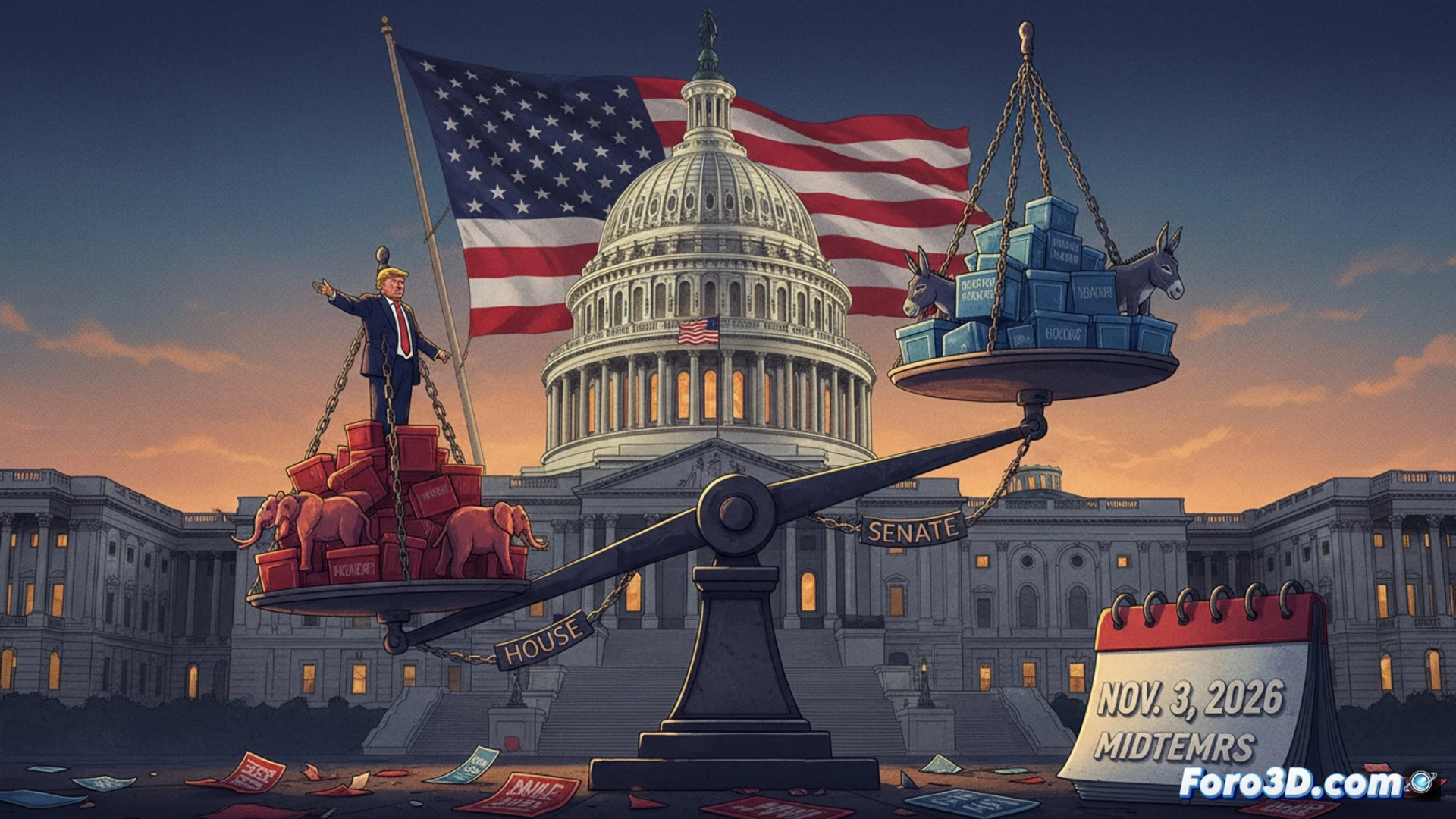 Una ilustración del Capitolio en Washington D.C. con una balanza electoral desbalanceada. Al fondo, un termómetro gigante marca 2026, con los colores rojo y azul dividiendo el paisaje. En primer plano, figuras de Trump y un legislador demócrata se enfrentan sobre un mapa de EEUU.