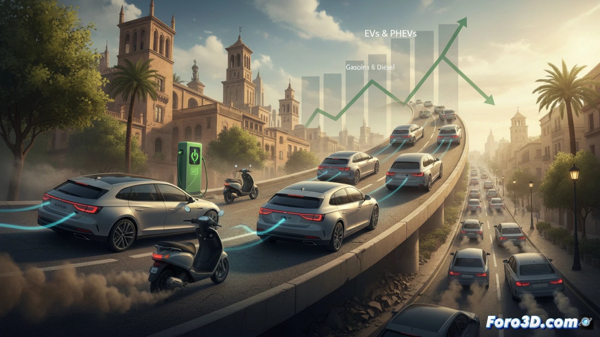 Un gráfico de barras muestra flechas verdes subiendo en vehículos eléctricos enchufables, mientras barras rojas de diésel y gasolina caen en picado.