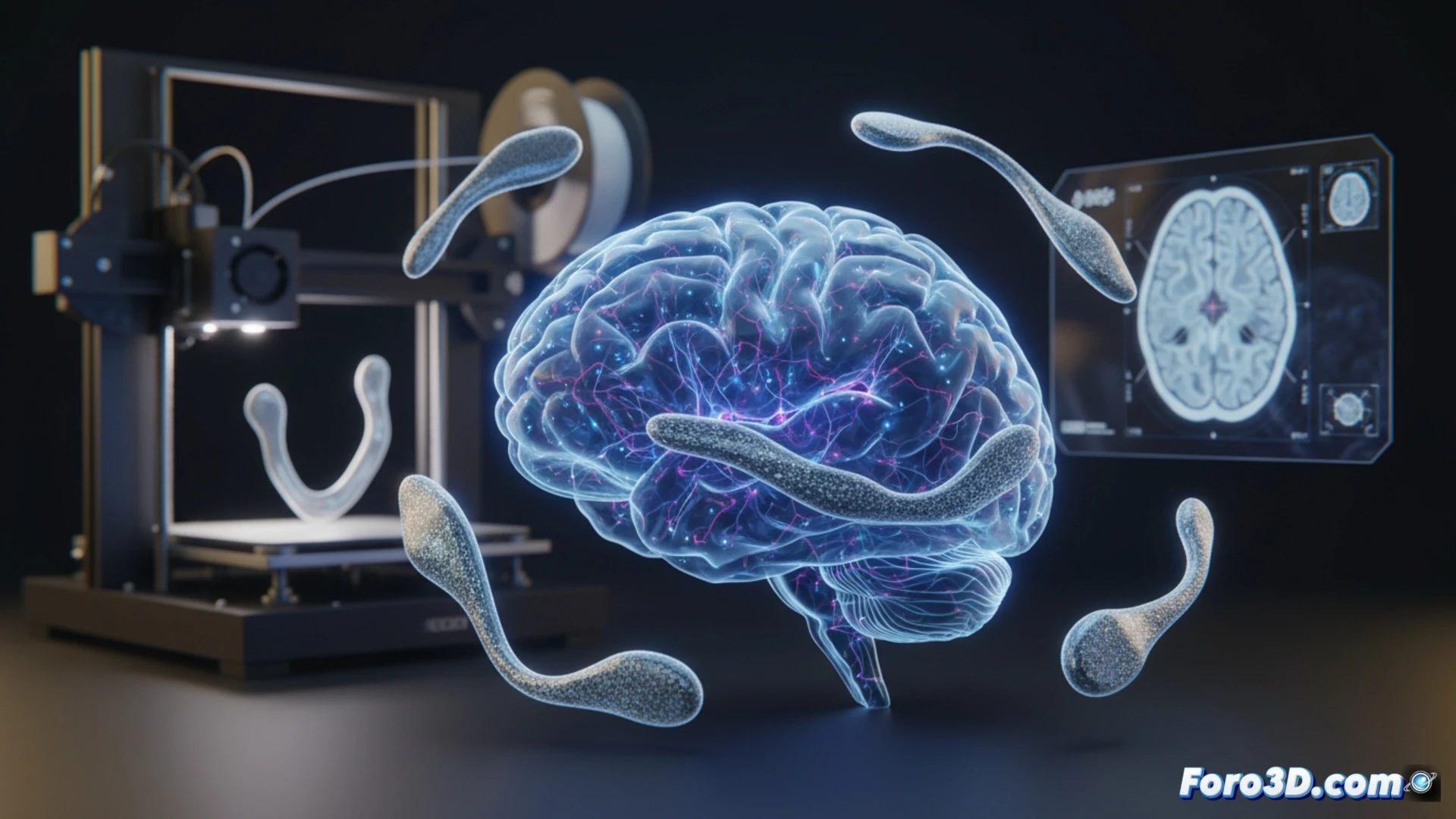Un cráneo humano translúcido con electrodos flexibles impresos en 3D, moldeados a medida sobre la superficie cerebral, con detalles anatómicos precisos en azul y blanco.