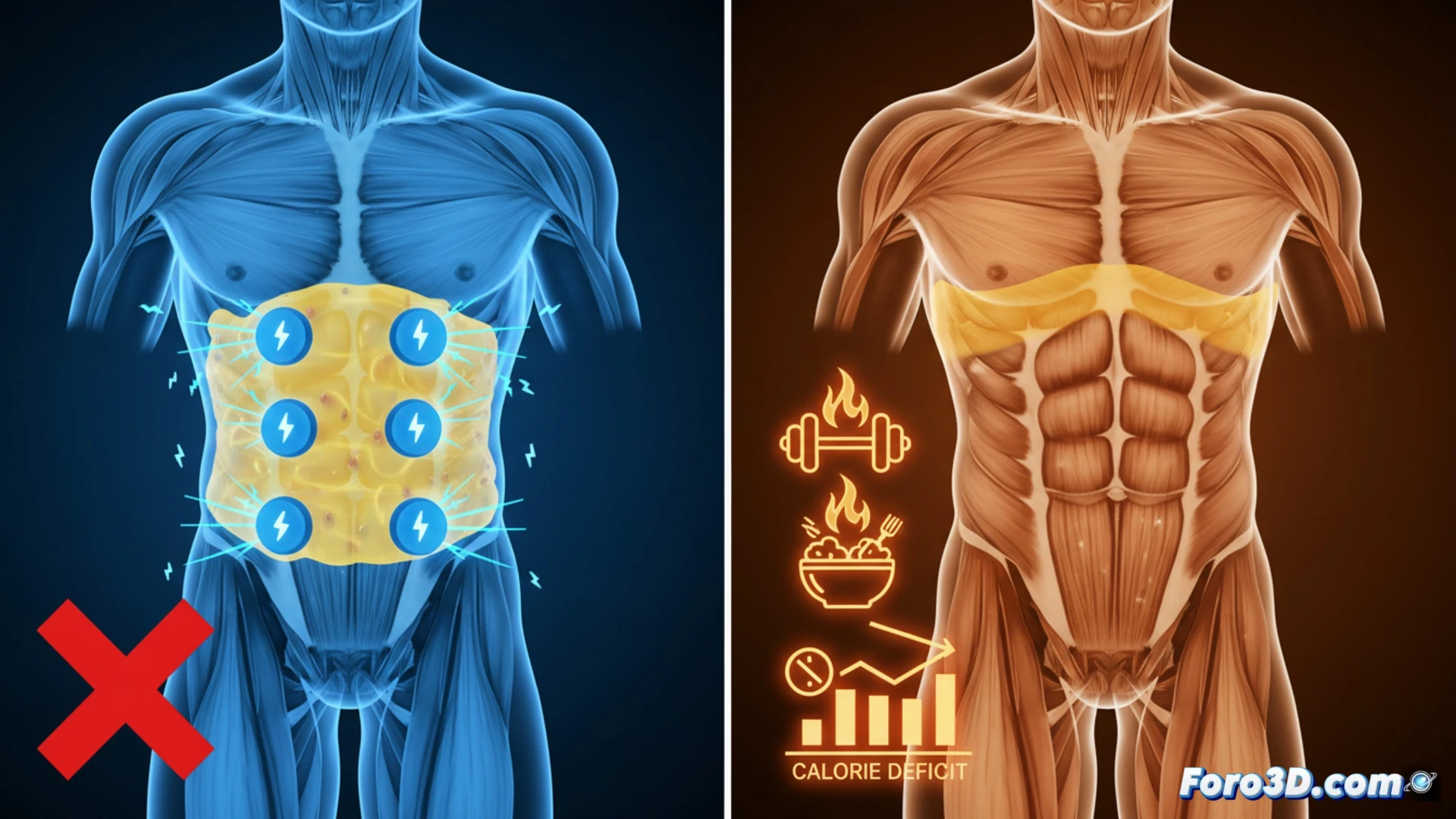 Infografía 3D de pared abdominal mostrando capa de grasa subcutánea y músculo recto abdominal bajo electroestimulación