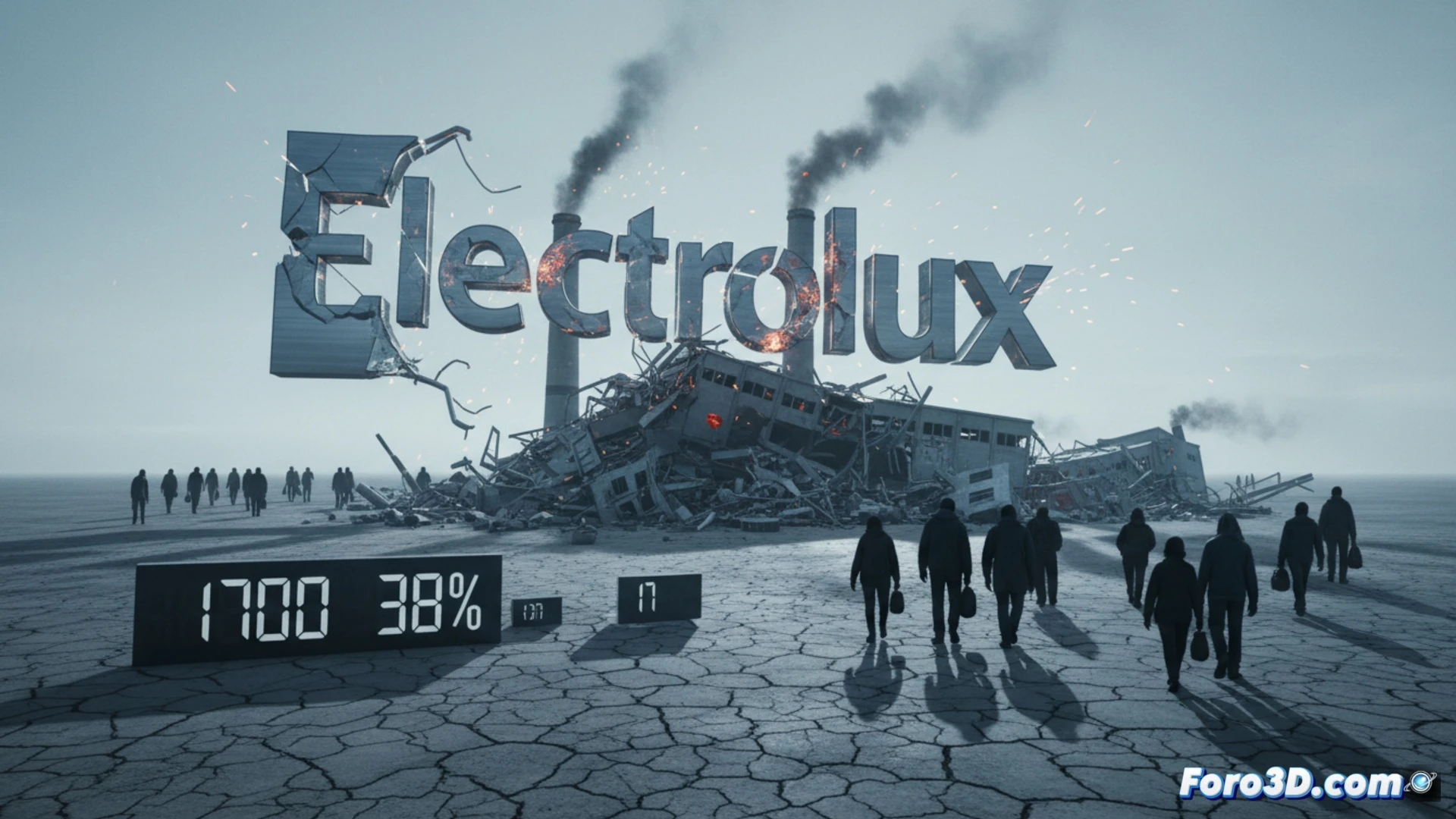 Una fábrica de Electrolux en Italia, con cartel de cierre y trabajadores saliendo, bajo un cielo gris.