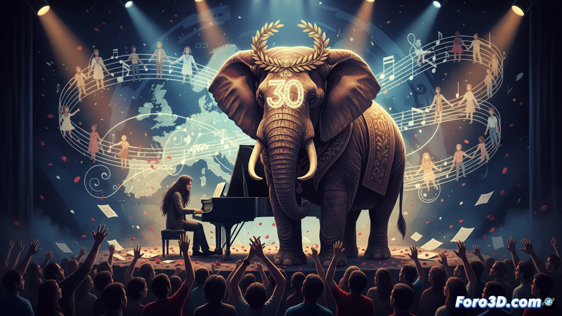 Un elefante de luces sobre un mapa de Europa, con notas musicales uniendo México y España.