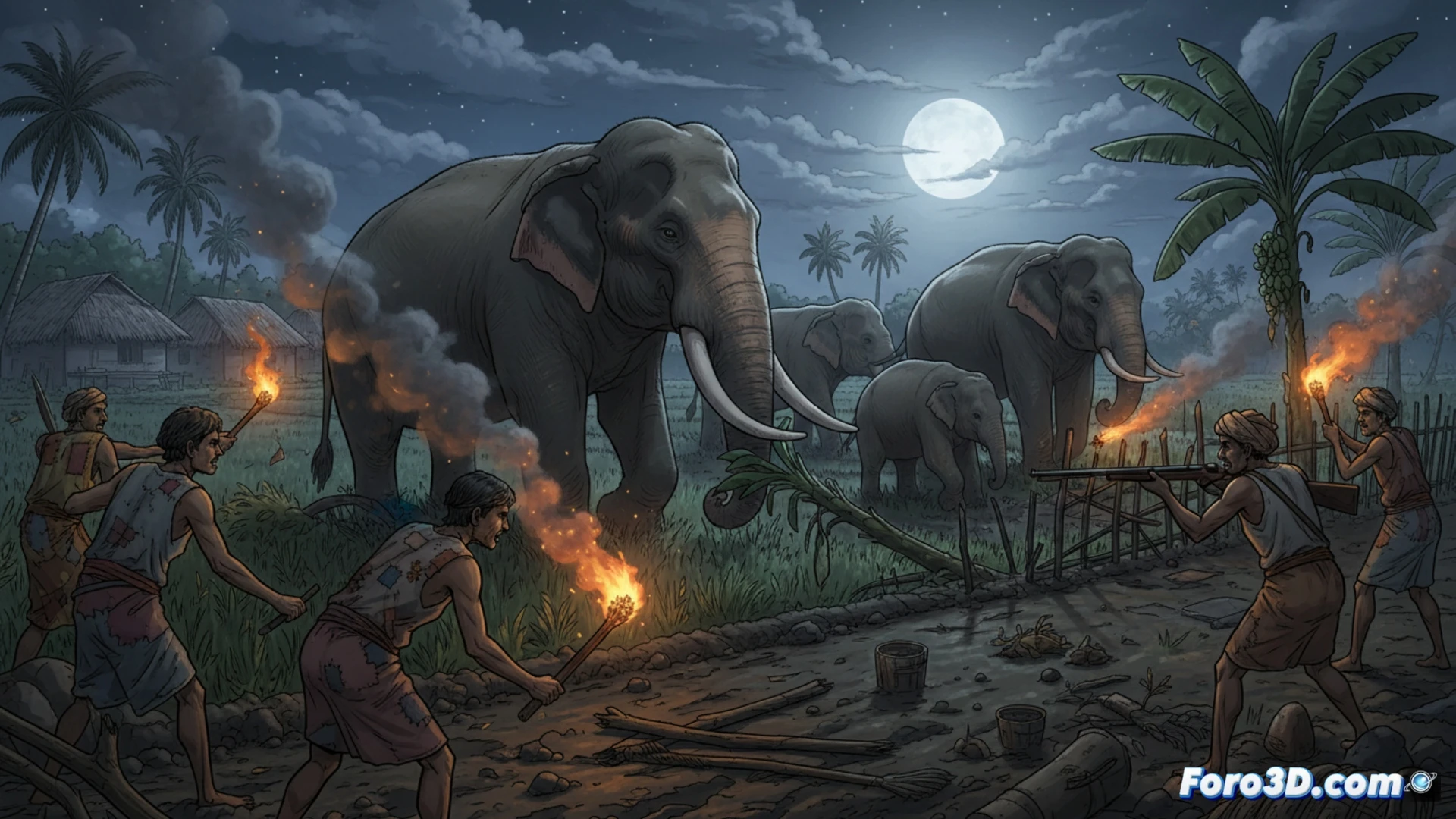night scene in Sri Lankan farmland, a large elephant crashing through a wooden fence into a rice paddy, farmers holding flaming torches and throwing firecrackers from a distance, one farmer aiming a shotgun near a tractor, electrical wires strung across bamboo poles as makeshift fence, a dead elephant lying near a metal barrel with explosive fragments, glowing embers and smoke drifting, dramatic moonlight and firelight contrast, photorealistic cinematic style, intense action, visible tension between humans and wildlife, ultra-detailed vegetation and elephant skin texture
