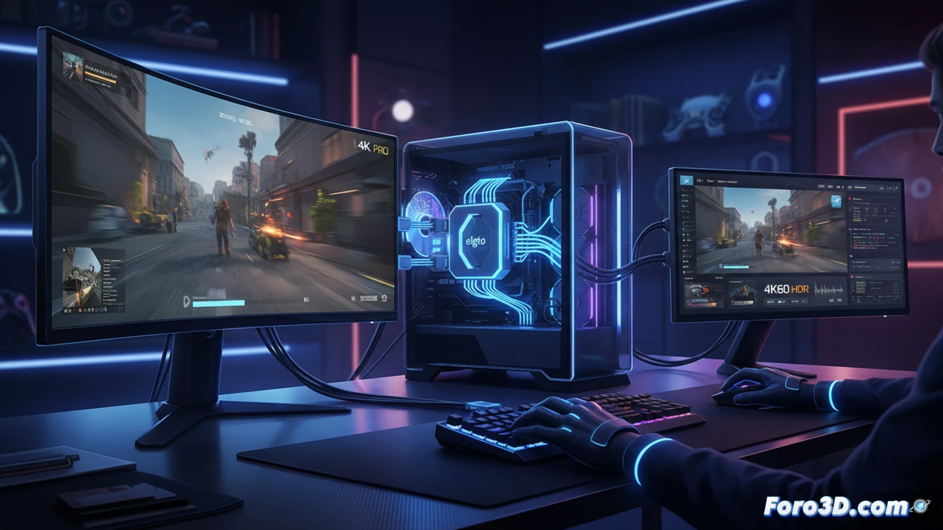 Streaming setup with internal capture card installed inside open gaming PC case, HDMI 2.1 cable connecting graphics card to monitor while second cable runs to capture card, monitor split screen showing 4K144 gameplay with smooth motion while simultaneously displaying 4K60 recording software capturing same frame, HDR color calibration tool on desk, glowing motherboard traces, subtle blue LED lighting, cinematic technical illustration style, photorealistic engineering visualization, clean cable management, reflective glass side panel, action of data transfer visualized as faint light pulses along cables