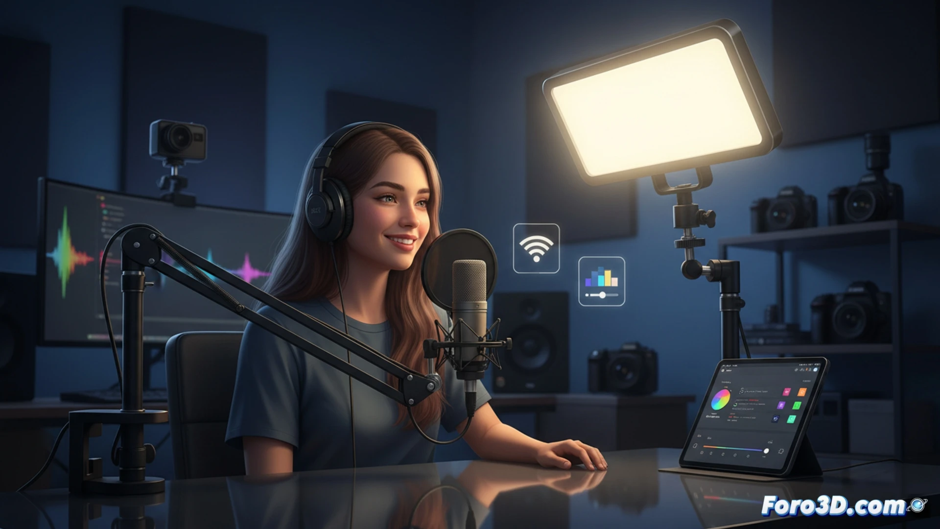 studio desk setup demonstrating Elgato Key Light MK2 panel mounted on adjustable arm, soft white LED light illuminating a creator's face during a video recording, smartphone screen showing brightness and color temperature controls, no visible flicker or banding on camera monitor, cinematic photorealistic technical illustration, warm neutral lighting contrast, clean minimalist workspace, smooth light diffusion across skin, subtle shadows on background wall, ultra-detailed product design with matte black finish, desk microphone and webcam in frame, professional content creation scene