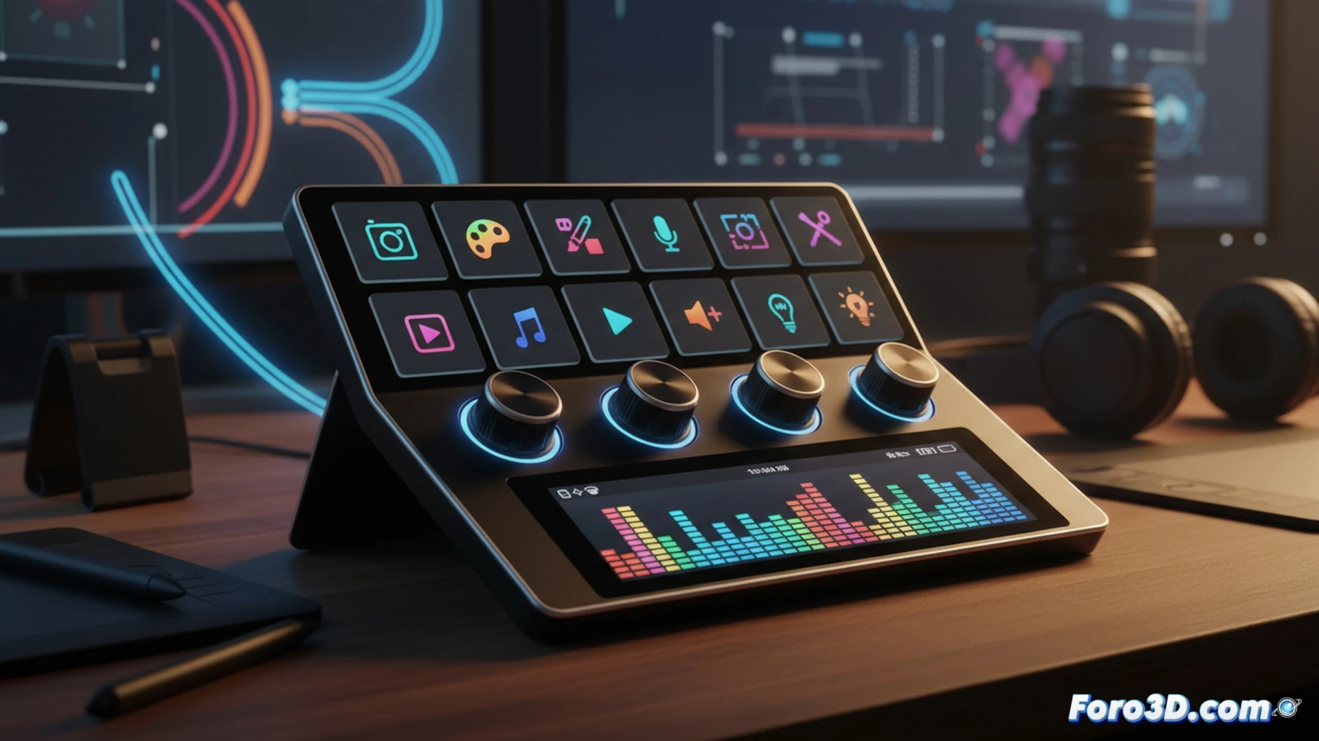 close-up on a creator s desk, hands rotating four metallic dials on an Elgato Stream Deck Plus while eight LCD keys display colorful icons, a monitor in the background shows a DaVinci Resolve timeline and a floating Photoshop brush adjusting opacity in real-time, subtle blue LED glow from the device illuminating the fingertips, cables neatly trailing to a laptop, technical cinematic product shot with shallow depth of field, photorealistic industrial design, soft key light reflecting off the brushed aluminum surface, macro detail on the tactile texture of the dials