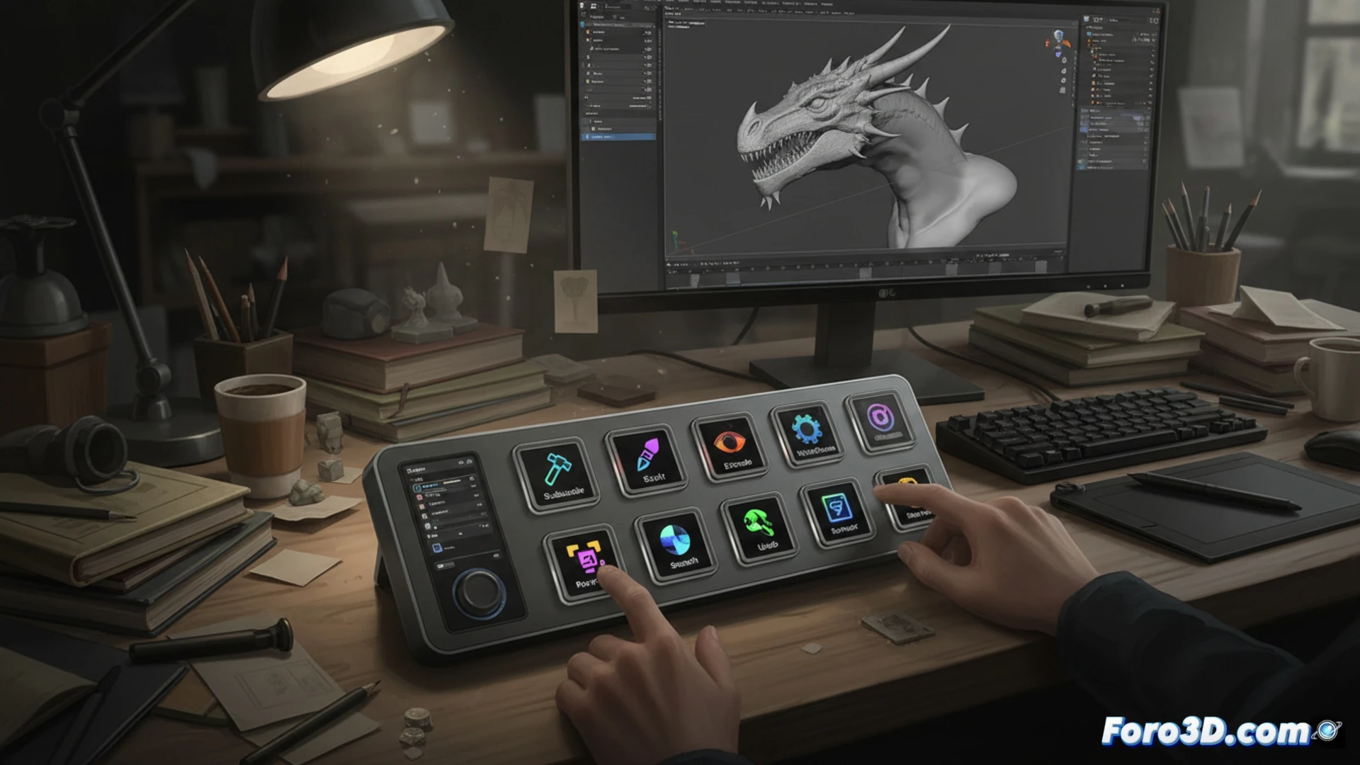 Elgato Stream Deck Neo con pantalla LCD y botones táctiles para macros en software 3D