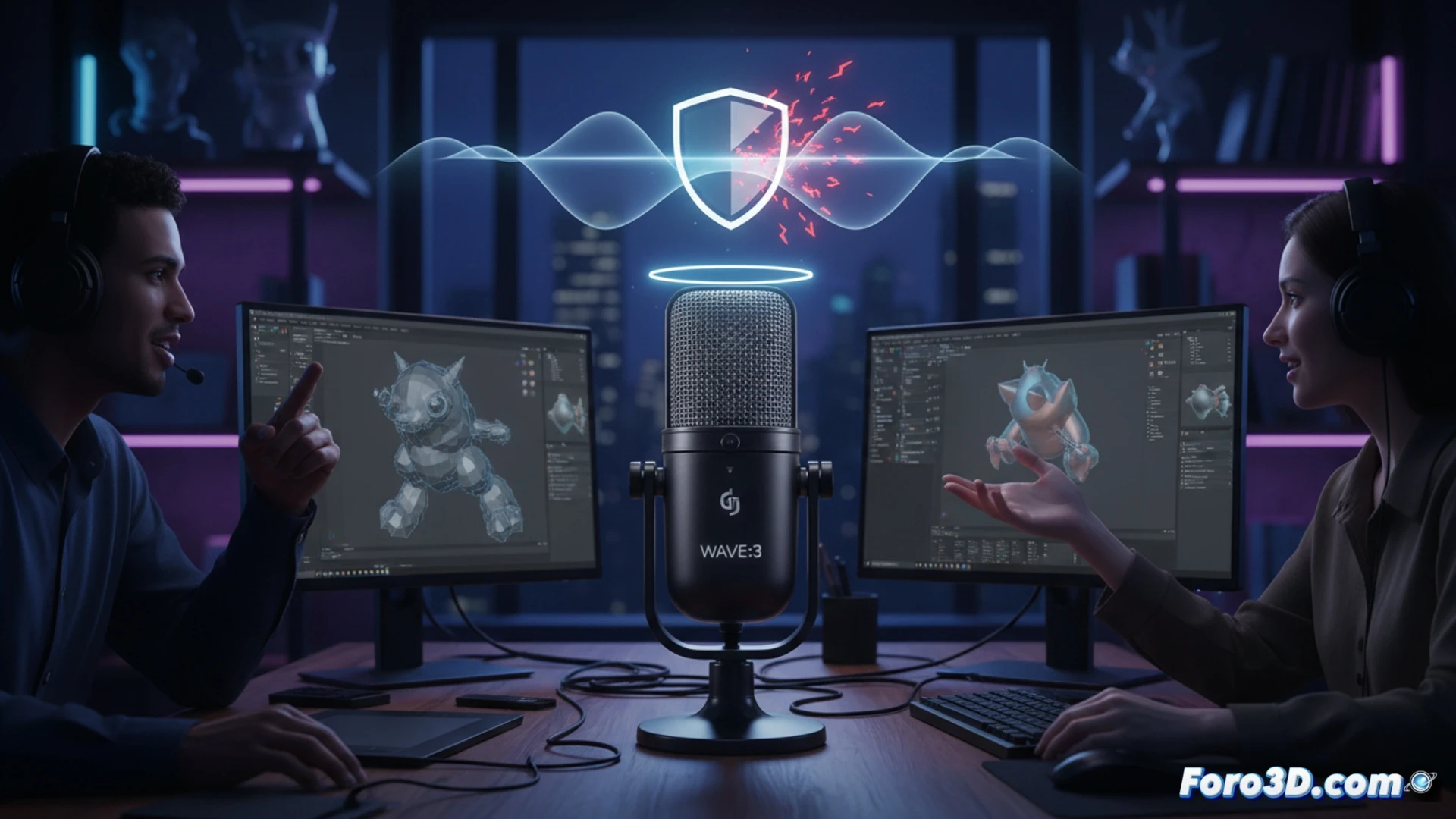 Micrófono Elgato Wave:3 sobre escritorio con luces RGB, ideal para streaming y creación de contenido 3D