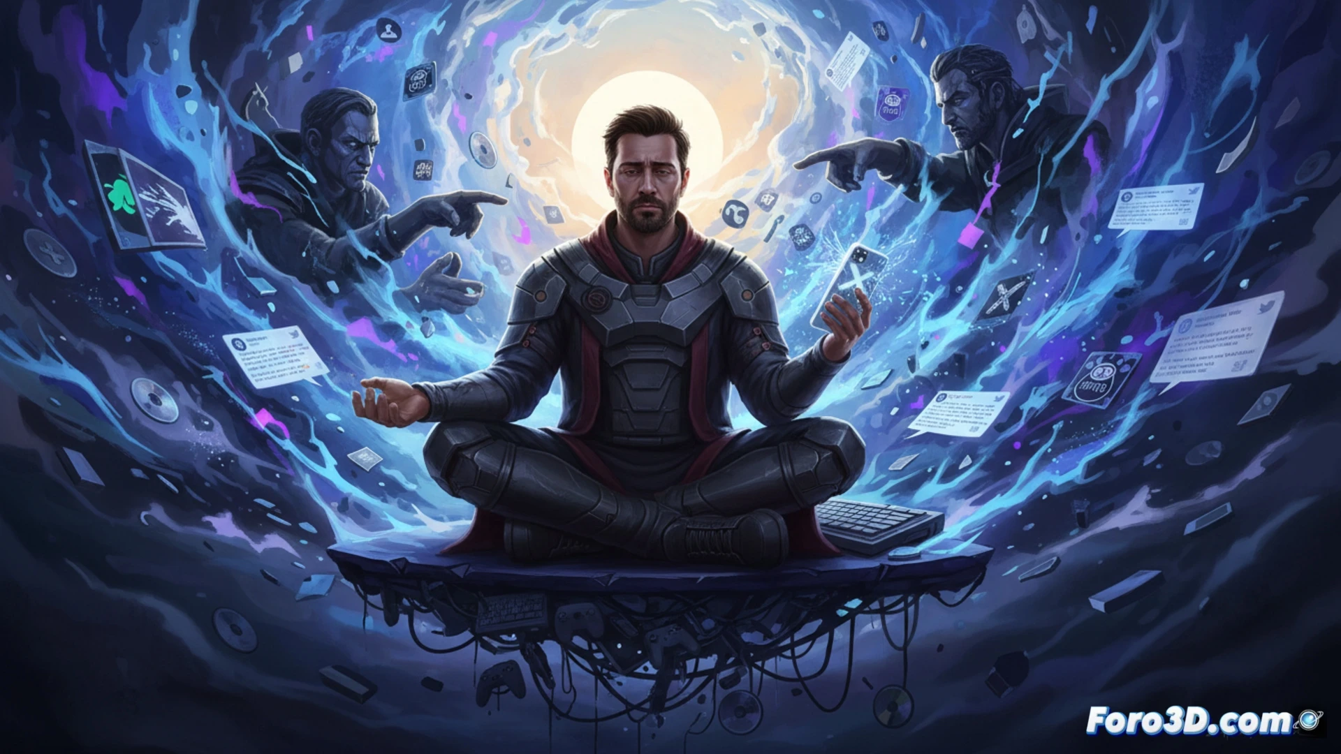 Elias Toufexis sentado frente a una pantalla de edición de audio, manos cubriendo su rostro mientras ondas de odio digital fluyen desde un monitor mostrando X con mensajes tóxicos de Destiny 2 fans, al lado un auricular de estudio colgado y una taza de café fría, teclado mecánico iluminado con teclas de borrar y silenciar, fondo oscuro con luces LED azules, estilo cinematográfico fotorrealista, composición dramática con sombras marcadas, texturas de plástico y metal detalladas, atmósfera tensa y solitaria
