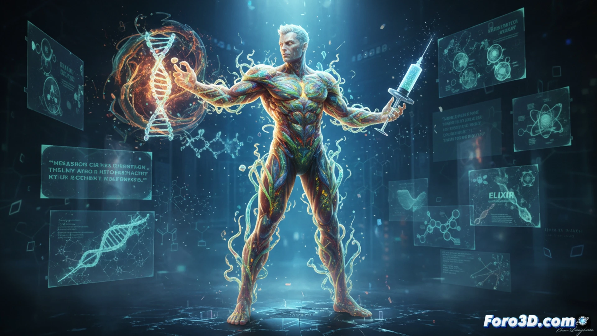 Modelo 3D de Elixir mutante Omega con bioluminiscencia verde, arte digital activista sobre bioética y modificación genética