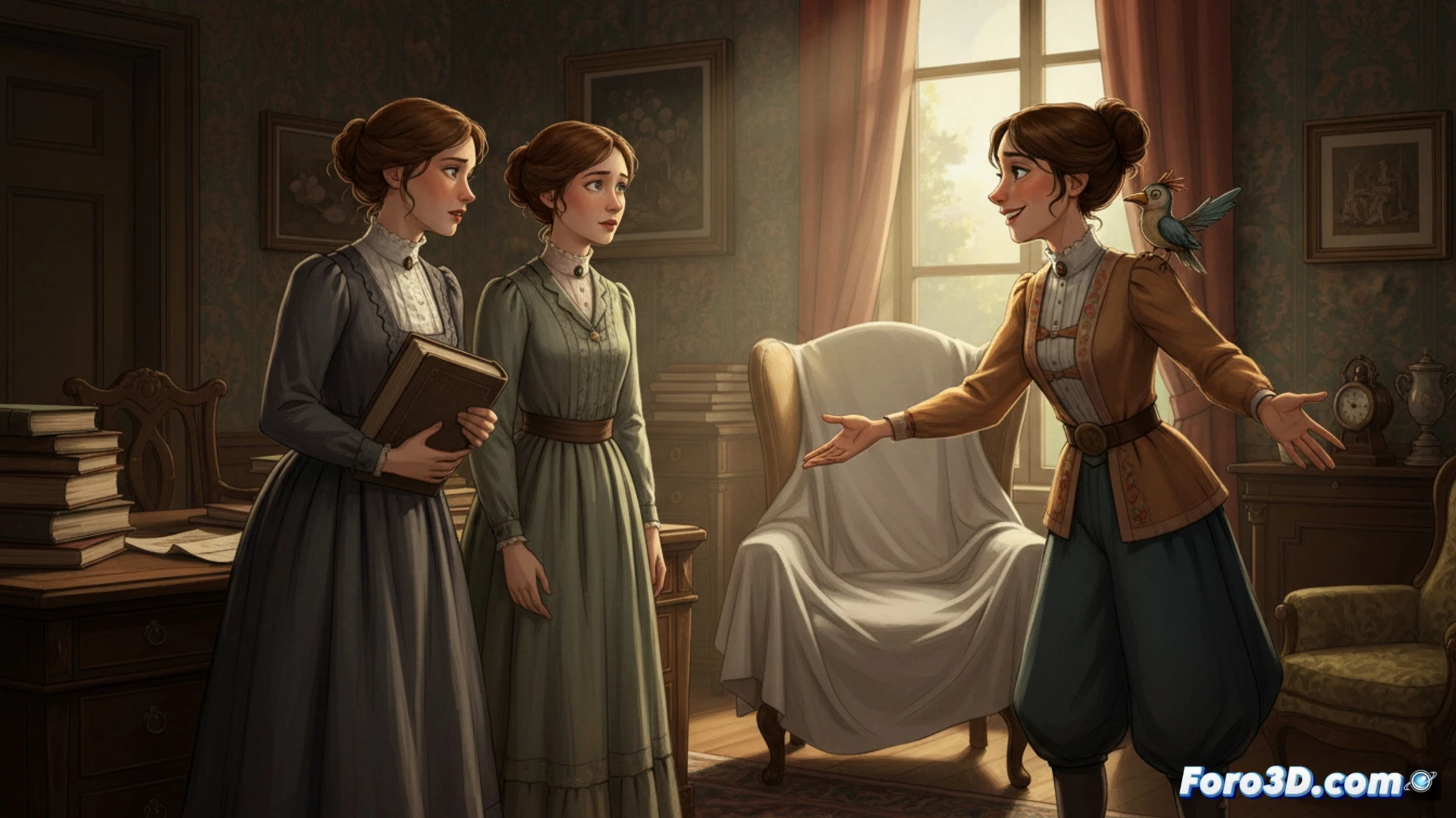 two Victorian sisters in black mourning dresses awkwardly rearranging heavy oak furniture in a dimly lit parlour, one holding a porcelain teacup upside down while the other struggles to push a grandfather clock, dust motes floating in slanted afternoon light, subtle animation smear frames showing hesitant movement, hand-drawn ink textures on paper grain, cinematic stop-motion aesthetic, muted sepia and charcoal palette, soft shadows from a single oil lamp, technical illustration style with visible brushstroke layers and pencil sketch underdrawing, dramatic chiaroscuro lighting, melancholic yet quietly humorous atmosphere