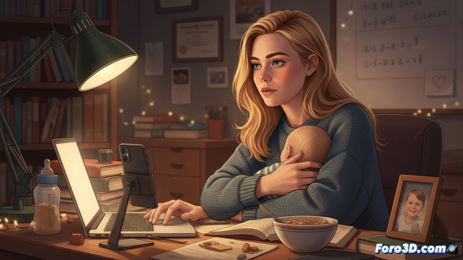 Elle Fanning sonríe con su bebé en brazos frente a una laptop abierta en OnlyFans, ambiente cálido y cotidiano sin dramatismo.