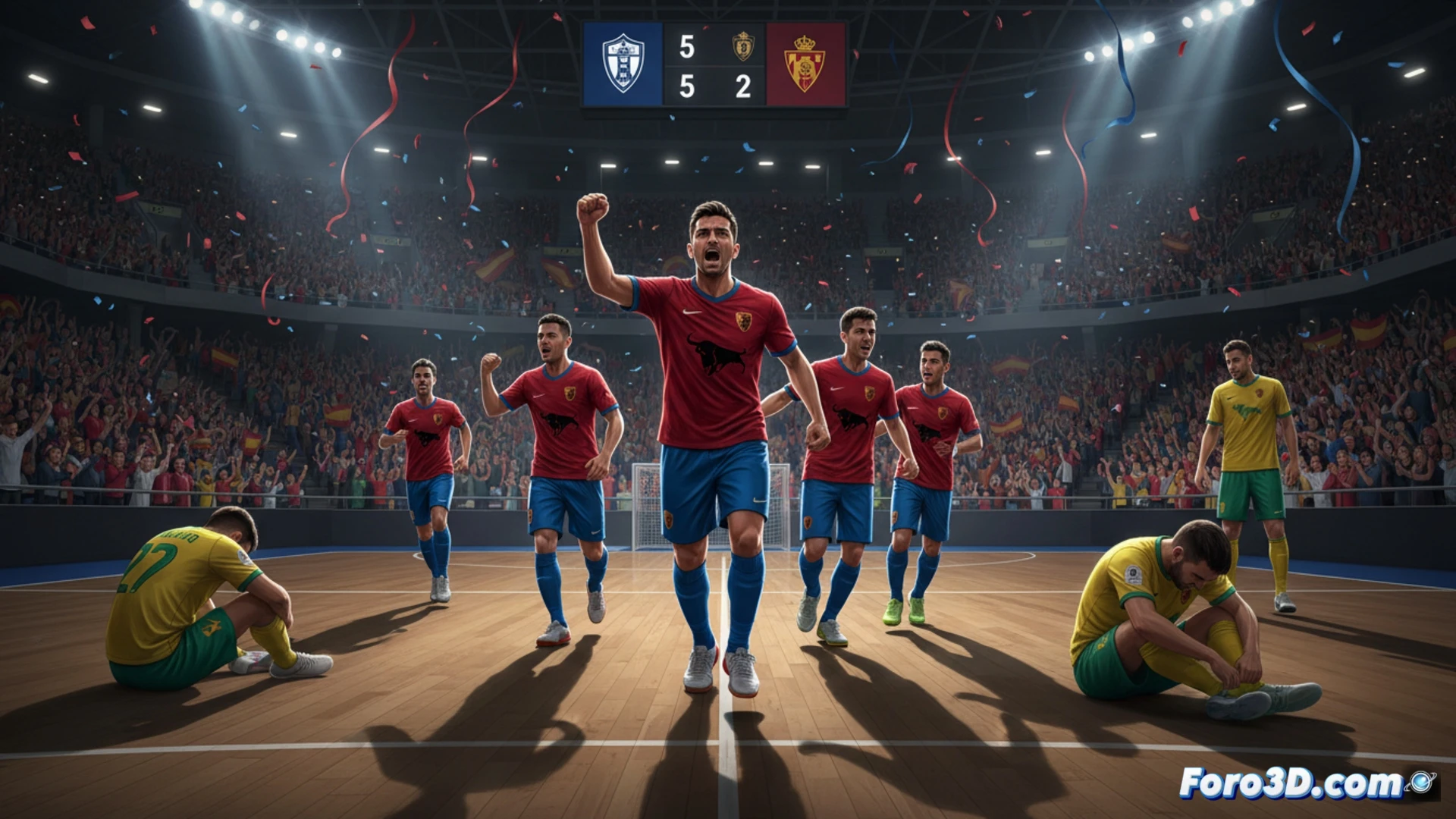 futsal player in red jersey executing a powerful spin move, blue-shirted opponent sliding to block, ball mid-air with motion trail, polished wooden court reflecting overhead lights, blurred crowd in background, dynamic action shot during quarterfinal match, cinematic sports photography style, dramatic low-angle perspective, sweat droplets frozen in time, intense facial expressions, high-contrast stadium lighting, photorealistic technical render