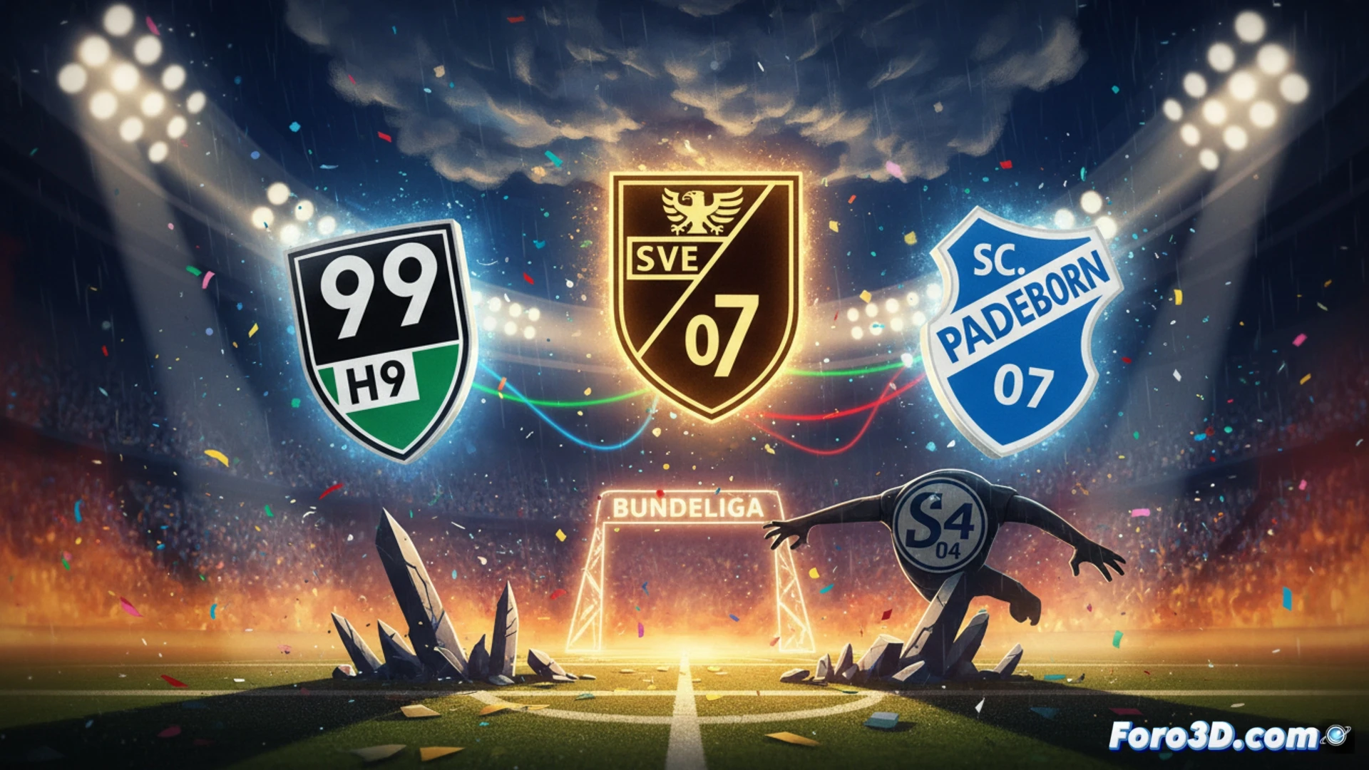 Tres escudos de Elversberg, Hannover y Paderborn, uno al lado del otro, sobre un campo verde con línea de meta. Detrás, el escudo de Schalke 04 acecha.