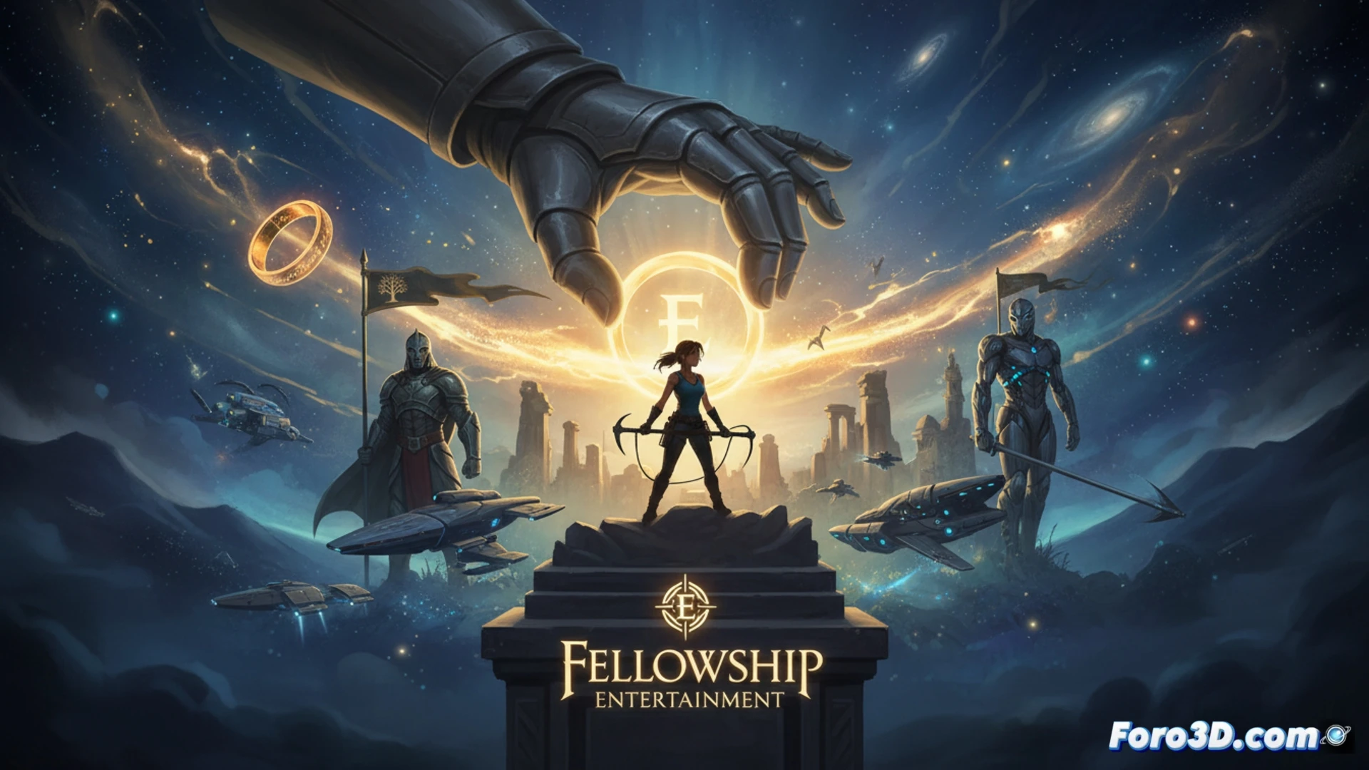 A massive stone ring floating above a chaotic corporate boardroom, glowing cracks spreading from the ring across a fragmented globe, iconic artifacts like Lara Croft's pistols and a broken fantasy crown scattered on a long oak table, holographic blueprints of game franchises overlapping in mid-air, a shadowy hand reaching down to grip the ring while smaller hands try to hold it together, cinematic technical visualization, dramatic overhead lighting casting long shadows, photorealistic architectural render, dust particles suspended in the air, tension visible in the scene's composition, ultra-detailed wood grain and metal reflections, oppressive atmosphere of a takeover meeting