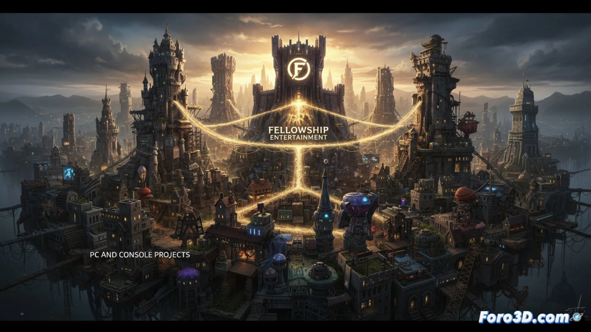 Embracer Group corporate restructuring scene, multiple game studio logos being pulled into a central glowing Fellowship Entertainment hub, while PC and console project icons branch outward, managers in suits dismantling chaotic studio tower blocks into organized sections, technical blueprint overlays showing streamlined workflow, cinematic engineering visualization, clean metallic desk with financial charts and game engine interfaces, dramatic top-down lighting, photorealistic corporate render