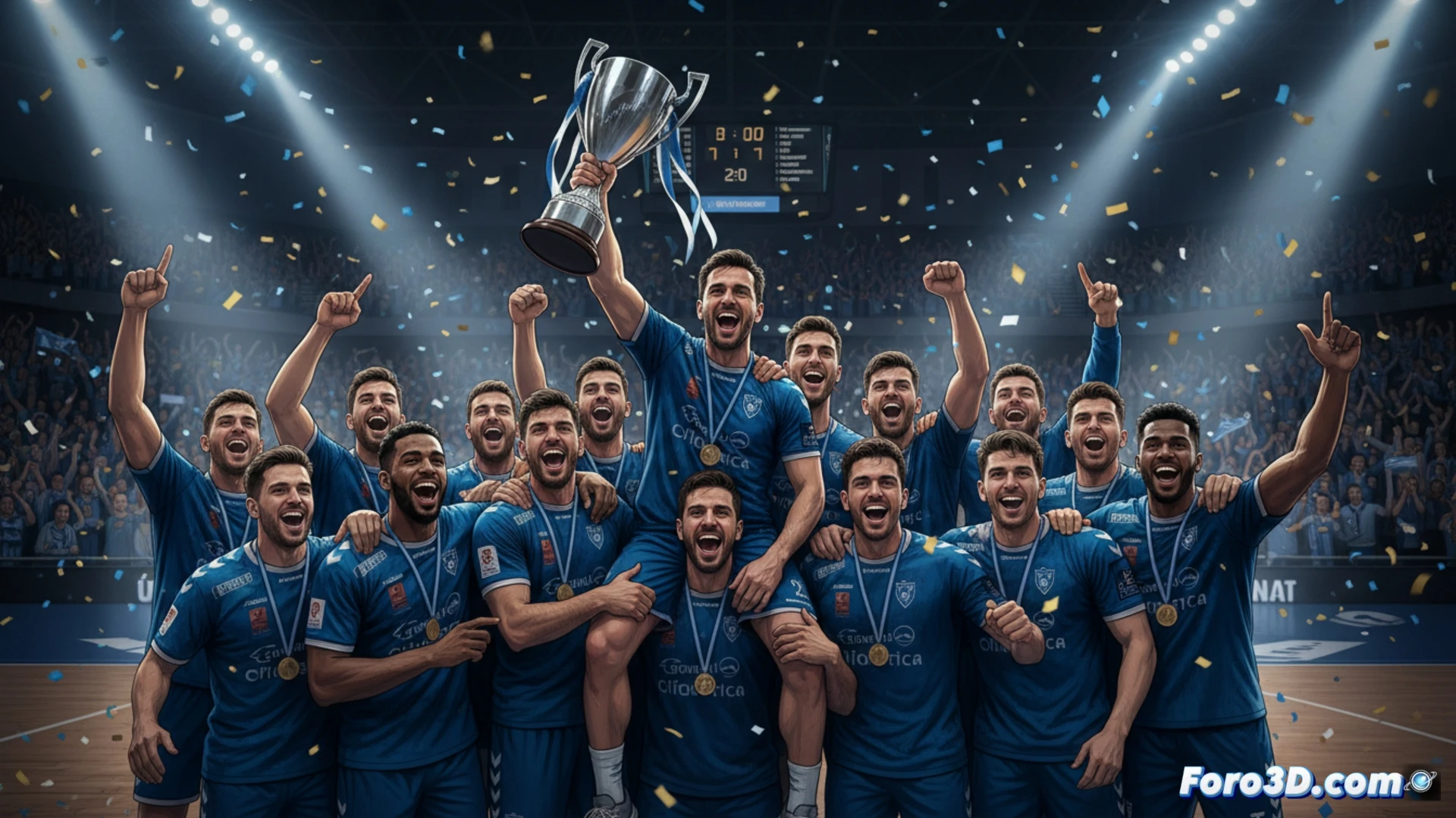 Balonmano profesional en el Quijote Arena, jugadores celebrando la victoria mientras el técnico Unai Emery levanta el trofeo de la Liga ASOBAL, equipo cohesionado en un círculo de celebración, balón suspendido en el aire con trayectoria de movimiento, luces del estadio iluminando el sudor y las camisetas, fondo con gradas llenas y banderas ondeando, estilo cinematográfico fotorrealista, acción de salto y abrazo grupal, textura de la red de la portería visible, reflejos metálicos del trofeo, alta definición dramática.