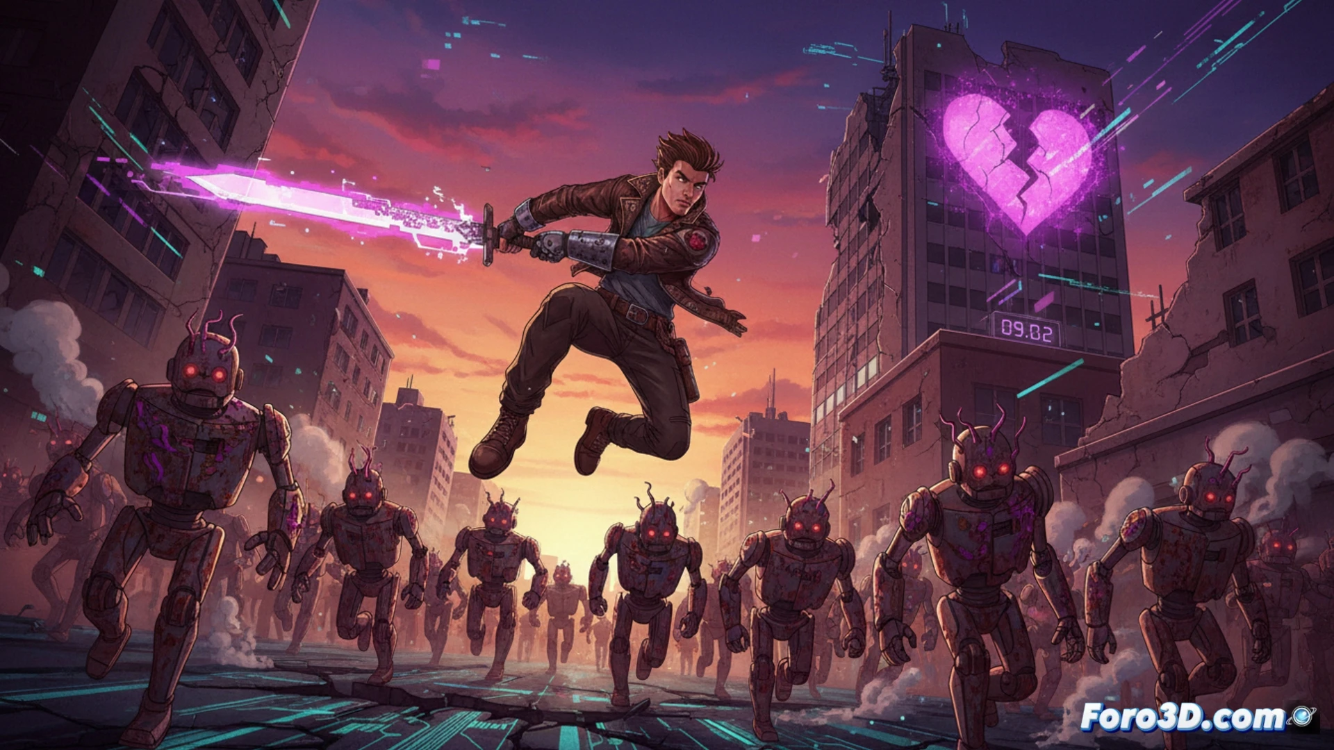Pixel-art RPG battle scene, young hero Lug swinging a glowing energy sword at a corrupted robot with red virus veins pulsing across its metallic chassis, retro 16-bit aesthetic mixed with modern lighting effects, combat sparks flying during impact, puzzle mechanism visible in background with rotating gears and holographic interface, dark sci-fi fantasy environment with neon blue and crimson highlights, action frozen mid-strike showing attack trajectory lines, chunky pixel particles scattering from damaged robot armor, cinematic arcade-style visualization, dramatic low-angle perspective, glowing health bar UI element integrated into scene.