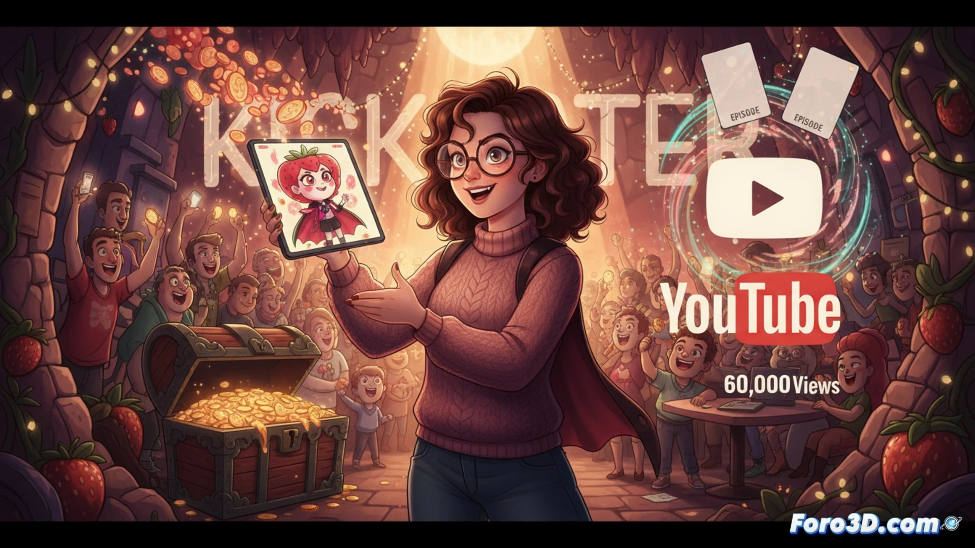 Emily Brundige, junto a su laptop y bocetos de Strawberry Vampire, celebra el éxito del crowdfunding.