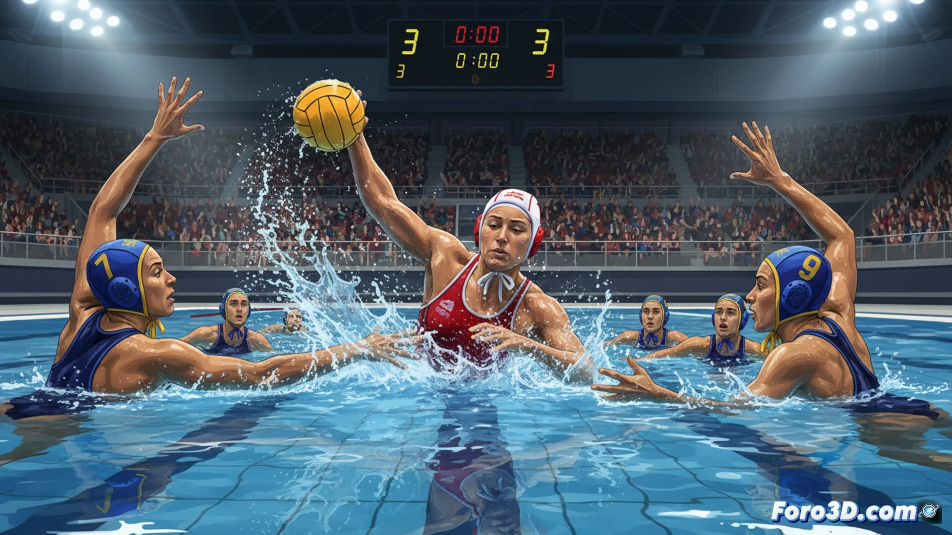 Underwater water polo action shot, CN Catalunya attacker launching a powerful backhand shot towards goal, CN Atlètic Barceloneta goalkeeper Laura Aarts lunging sideways with arm fully extended to block the ball, water splashing violently around her hand and the ball surface, defender’s legs kicking frantically in the foreground, pool tiles and lane ropes visible, dramatic cinematic lighting from above creating caustic reflections on the water surface, photorealistic sports photography style, frozen mid-action with high-speed motion blur on droplets, intense competitive atmosphere, ultra-detailed swimsuit fabric textures and cap logos