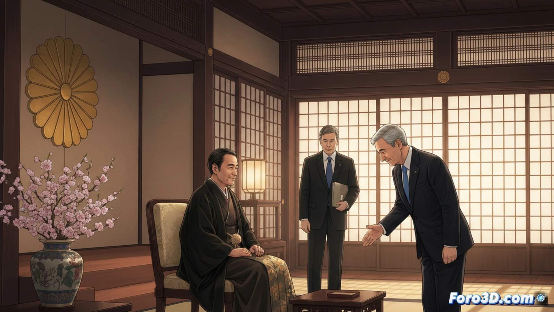 Emperor of Japan standing in traditional formal attire receiving UN Secretary-General António Guterres in the Imperial Palace audience chamber, both figures bowing slightly during greeting, gold-leaf folding screen behind them, polished wooden floor reflecting soft natural light from tall windows, palace guards in ceremonial uniform standing at attention near entrance, antique lacquered table with documents between them, photorealistic architectural rendering, warm ambient lighting emphasizing silk textures and wood grain, ultra-detailed historical interior, cinematic composition with shallow depth of field, respectful formal atmosphere, technical visualization of diplomatic protocol