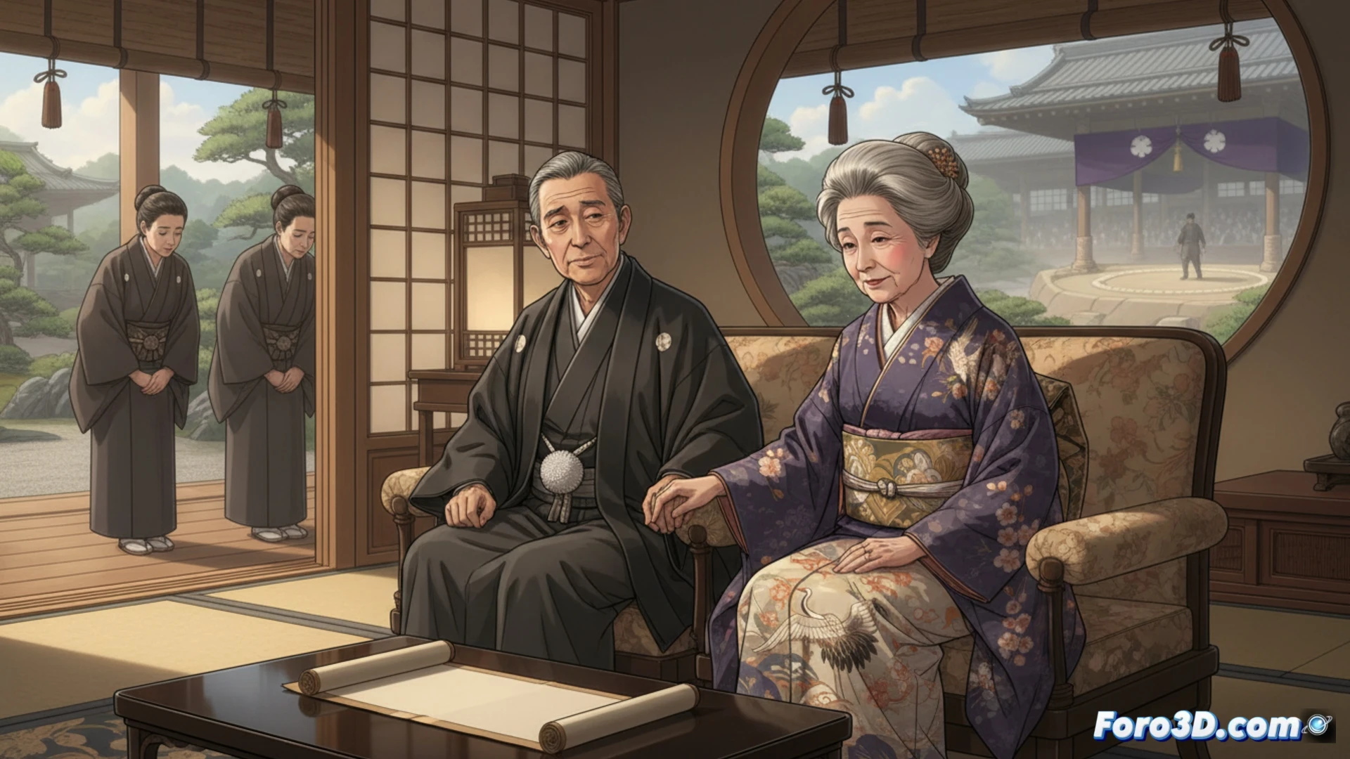 Emperatriz Michiko, 91 años, descansa en un jardín, con mirada serena, junto al emperador Akihito, bajo un cerezo en flor.