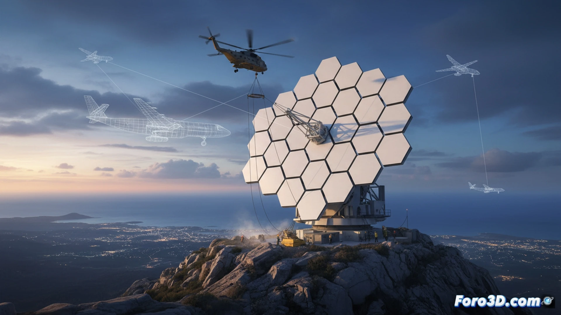 white radar dome on Mallorcan hilltop at sunset, rotating 3D radar array emitting scanning beams across Mediterranean sky, aircraft blips appearing on holographic control screen inside technical station, engineers monitoring real-time flight data on multi-display setup, glowing tracks showing altitude and velocity vectors, cinematic engineering visualization, metallic radar structure with precise mechanical details, deep blue sky with faint contrails, photorealistic technical render, dramatic golden hour lighting