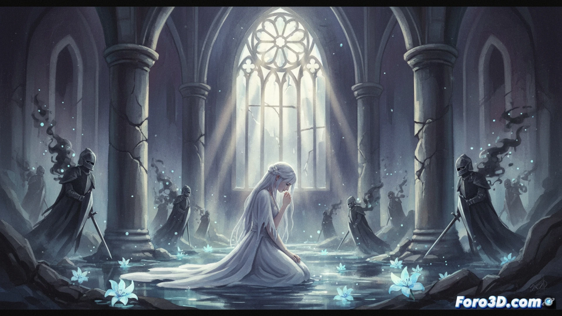 Escena nocturna de Ender Lilies con personaje en ruinas, iluminación tenue y estilo acuarela
