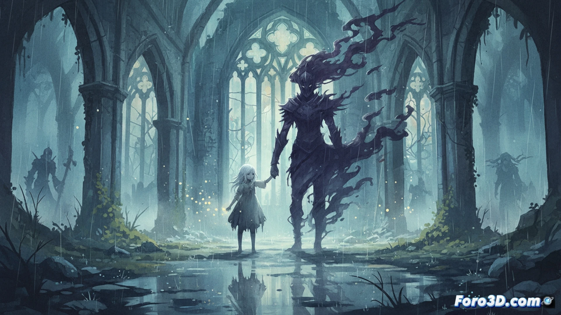 Escena de Ender Lilies con personaje en ruinas brumosas, estilo acuarela oscura y luces tenues