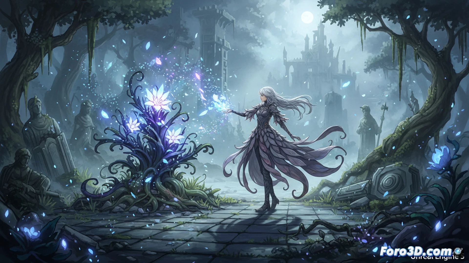 Ender Magnolia arte 2D pintado a mano con iluminación dinámica de Unreal Engine 5