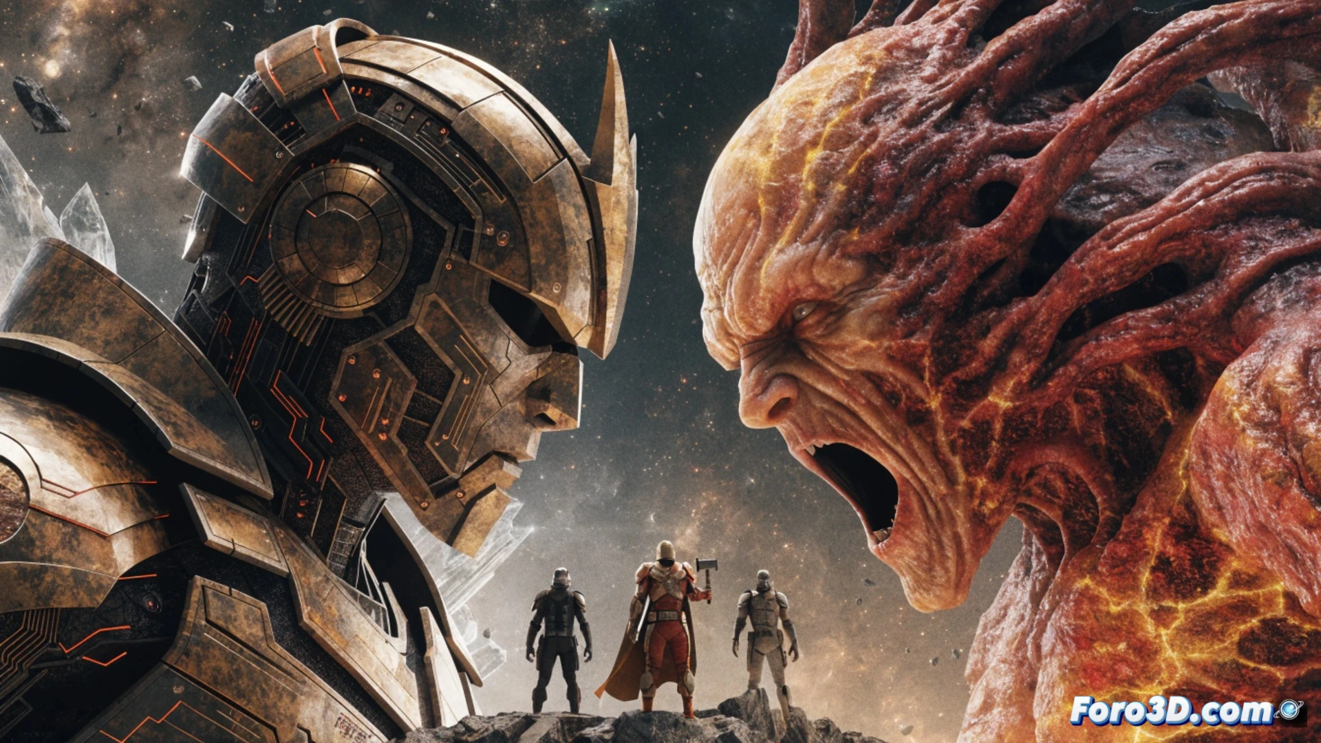 cinematic wide shot of a massive glowing quantum tunnel portal opening in a dark Avengers compound hangar, Steve Rogers holding a fractured vibranium shield while Tony Stark in advanced nanotech armor interfaces with a holographic Doom mask projection, Thor s Stormbreaker crackling with residual lightning, scattered arc reactor components and quantum suit fragments on the metallic floor, holographic timeline schematics floating in midair, dramatic blue and orange lighting, photorealistic technical render, ultra-detailed mechanical textures, motion blur on energy particles, engineering visualization of multiverse breach process