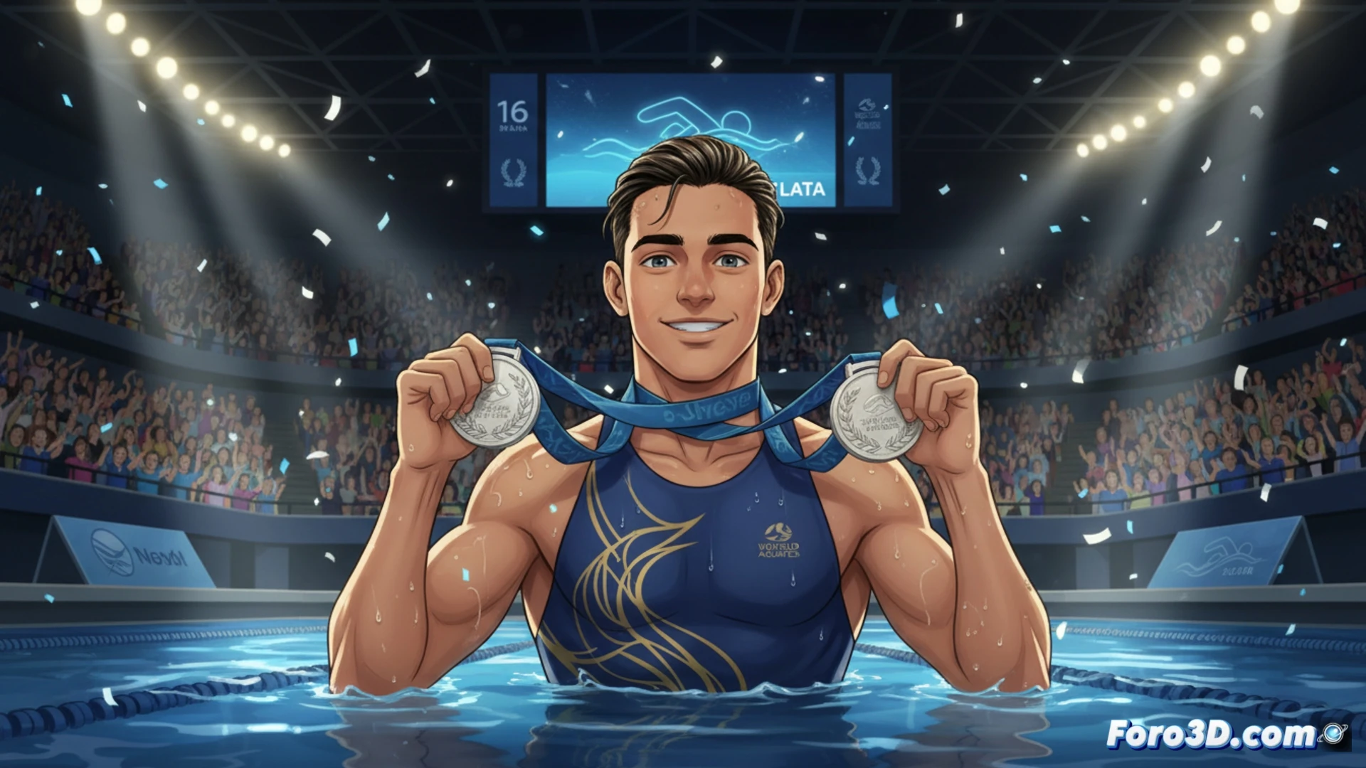 young male swimmer mid-air performing a complex artistic swimming lift, water splashing around his legs and arms, pool surface reflecting dramatic arena lights, teammates in background executing synchronized underwater choreography, silver medal ribbons floating in water, technical athletic motion capture style, cinematic underwater photography, high contrast lighting, bubbles trailing from limbs, dynamic pose showing strength and flexibility, photorealistic sports illustration, competitive atmosphere, blue water gradients, splash particles frozen in time, ultra-detailed water refraction effects