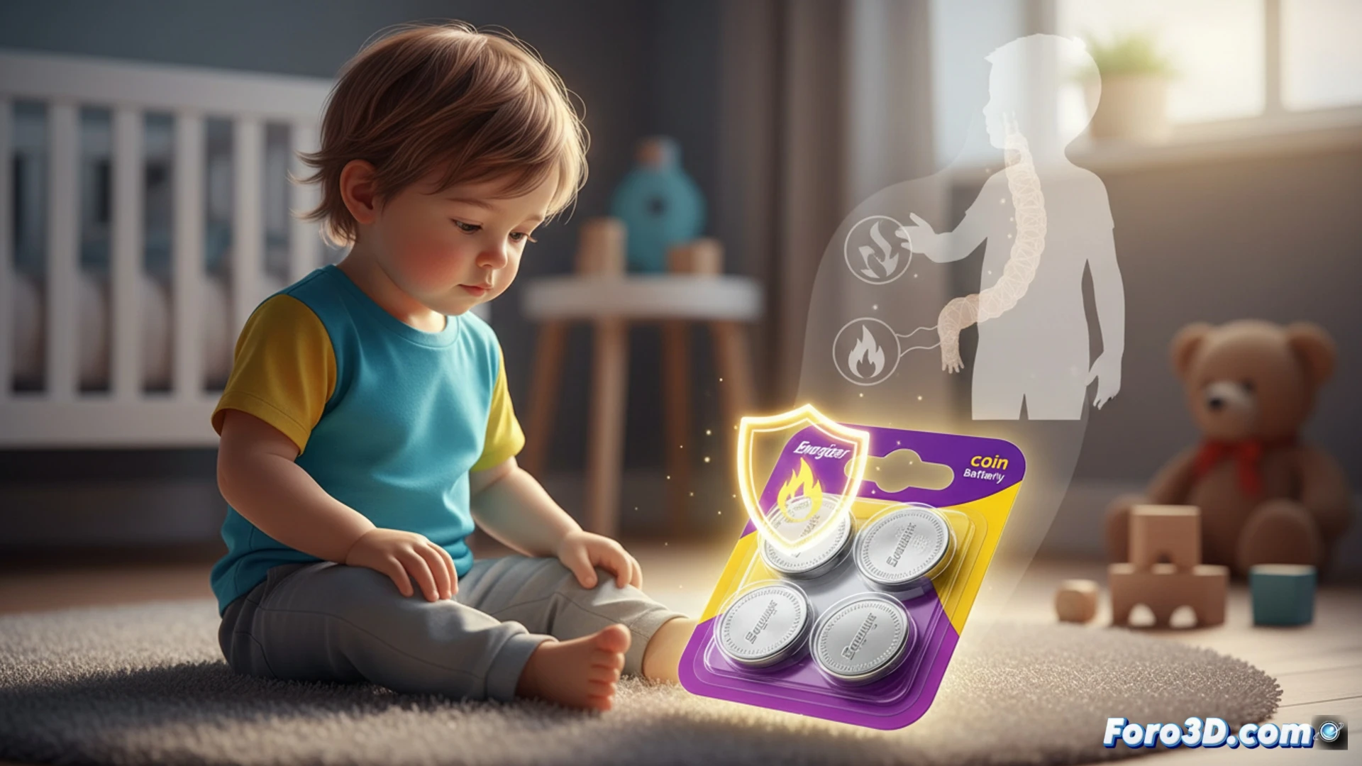 Una mano adulta sostiene una pila moneda Energizer con escudo protector, junto a un dibujo de un niño seguro.