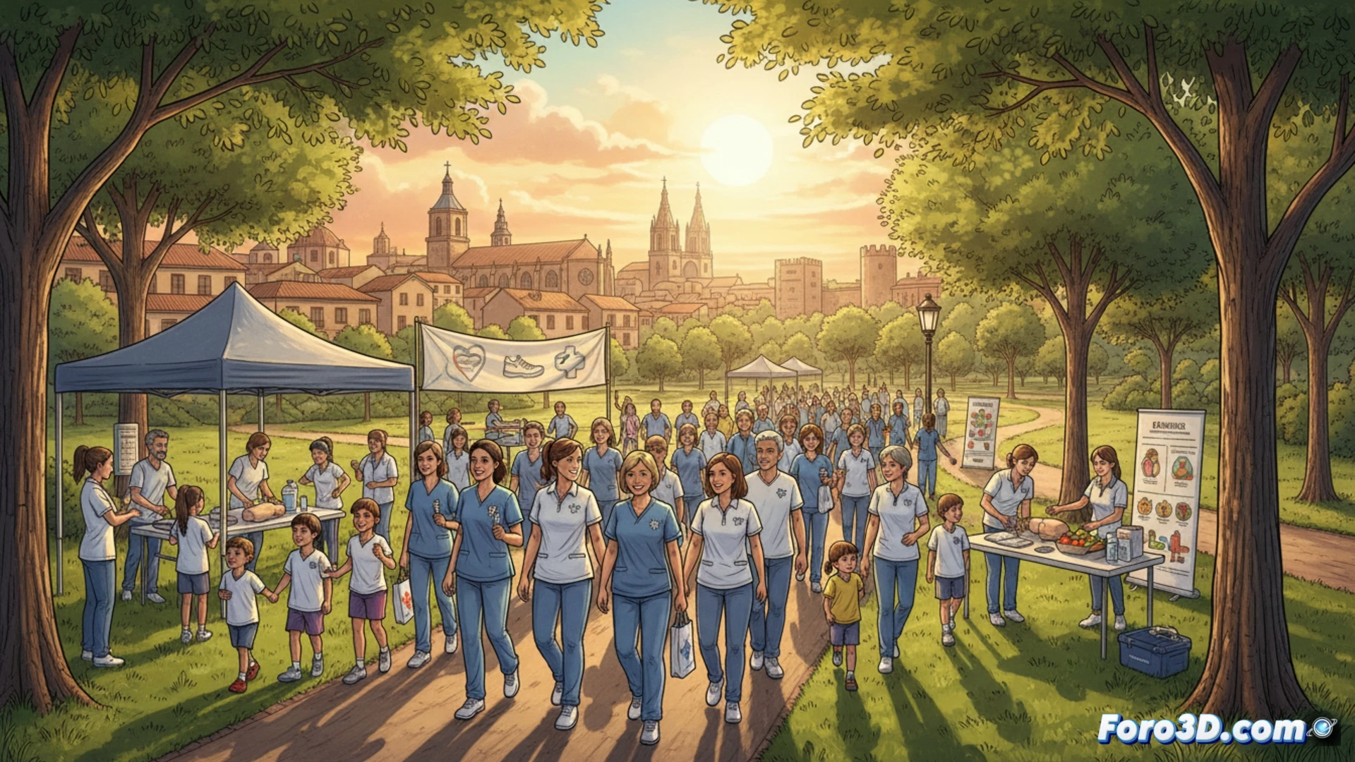 Grupo diverso camina alegre junto a enfermeros en un parque, con fondo de toldos de talleres prácticos al aire libre.