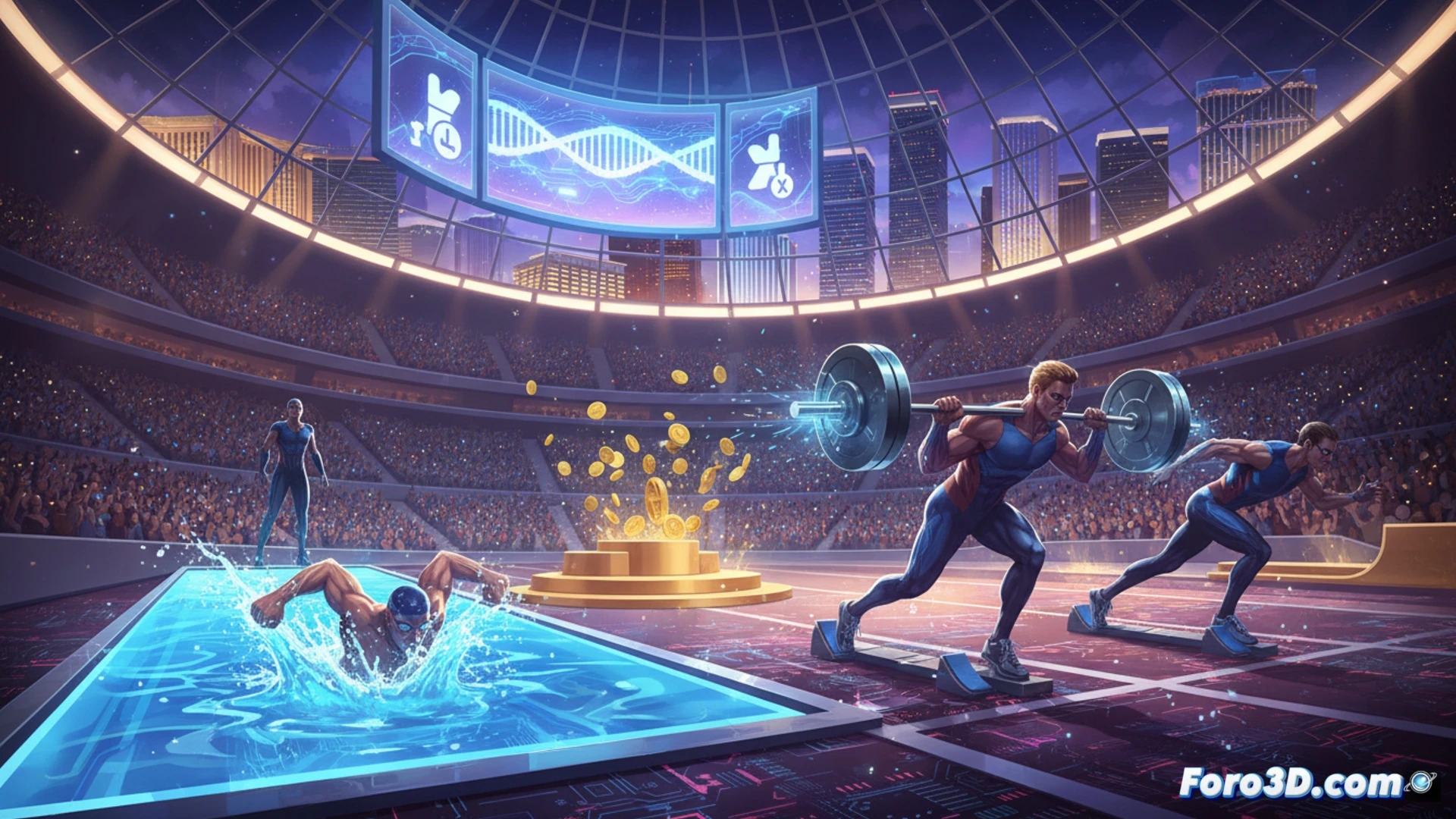 athlete mid-sprint on a Las Vegas track, syringe with FDA-approved vial strapped to thigh, medical monitor displaying heart rate and dosage data, barbell with weight plates in foreground, swimming pool and starting blocks visible behind, cinematic photorealistic style, dramatic stadium floodlights, sweat droplets frozen in motion, muscle strain visible, metallic syringe needle reflecting light, medical wristband with QR code, high-contrast shadows, ultra-detailed skin texture, action freezing the start of a race