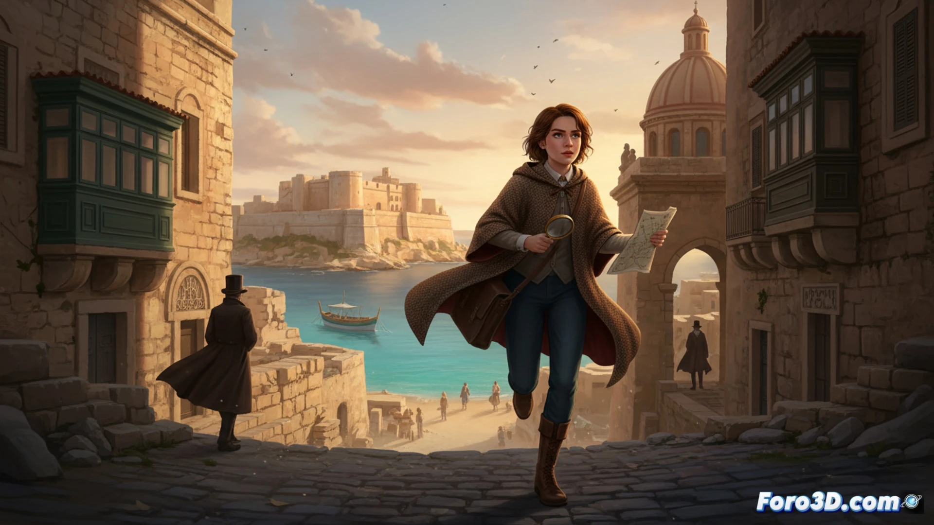 Victorian-era young detective woman crouching on a Maltese limestone rooftop, examining a brass compass and leather-bound case, while a coded letter unfolds beside her, Mediterranean sea and ancient fortifications visible in background, cinematic lighting with golden sunset, photorealistic historical mystery aesthetic, action of deducing clues, period-accurate clothing with subtle dirt and wear, dramatic shadows, ultra-detailed cobblestone textures, technical illustration style