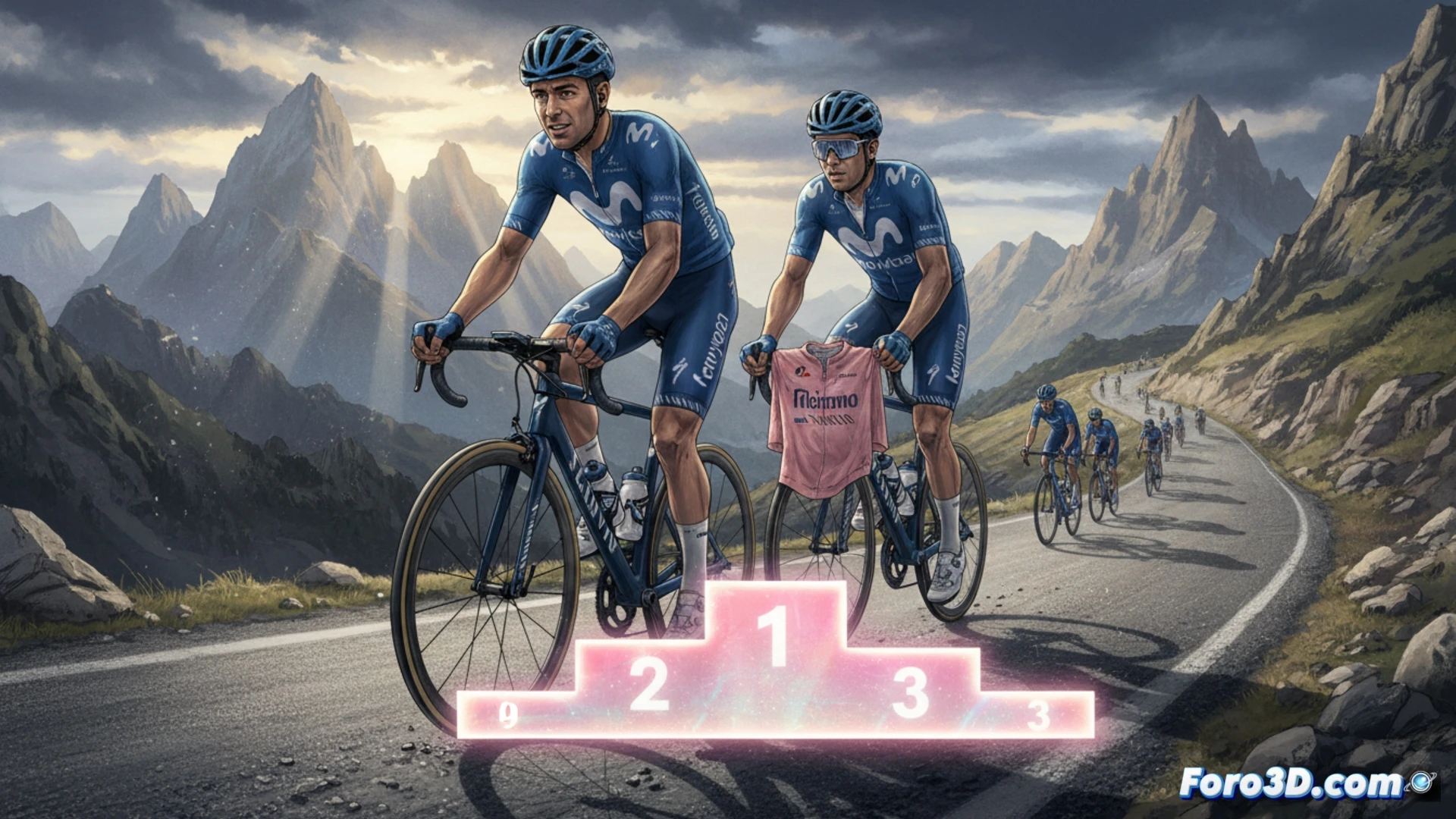 Enric Mas y Movistar Team, con Orluis Aular, apuntan al podio del Giro 2026 sobre un mapa de Italia y Bulgaria.