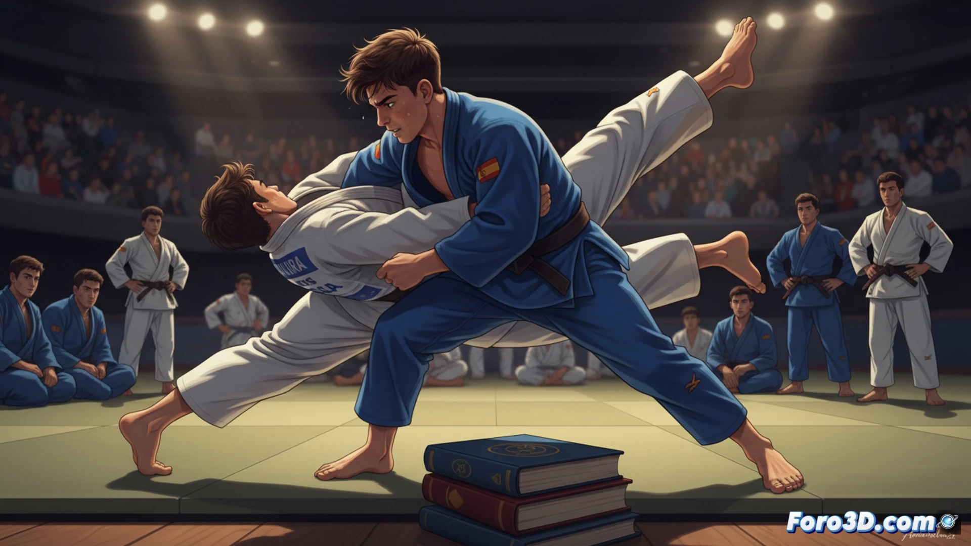 young judoka executing a precise osoto-gari throw on a training partner, both in crisp white judogis, competition mat with tatami texture visible, dynamic action freeze-frame showing foot sweep and off-balance moment, technical judo elements like grip on sleeve and lapel visible, photorealistic sports photography style, gymnasium background with soft diffused overhead lighting, sweat droplets suspended in mid-air, intense concentration on faces, subtle motion blur on limbs for speed effect, clean composition emphasizing technique and power