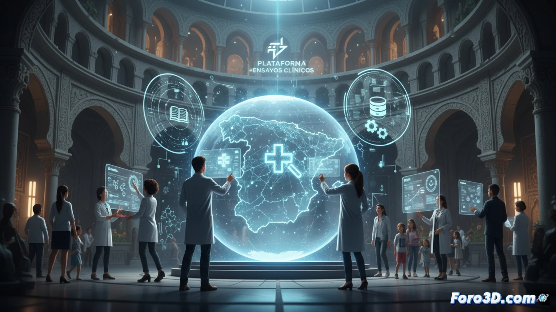 interactive clinical trial platform interface displayed on a large touchscreen monitor, medical researchers and patients gathered around the screen, hands pointing at real-time data streams showing ongoing studies across Spain, pharmaceutical facility background with laboratory equipment visible through glass walls, soft blue ambient light illuminating the collaborative scene, technical illustration style, clean modern aesthetic, high-contrast digital displays, people engaged in active discussion while data visualizations update dynamically, photorealistic architectural render