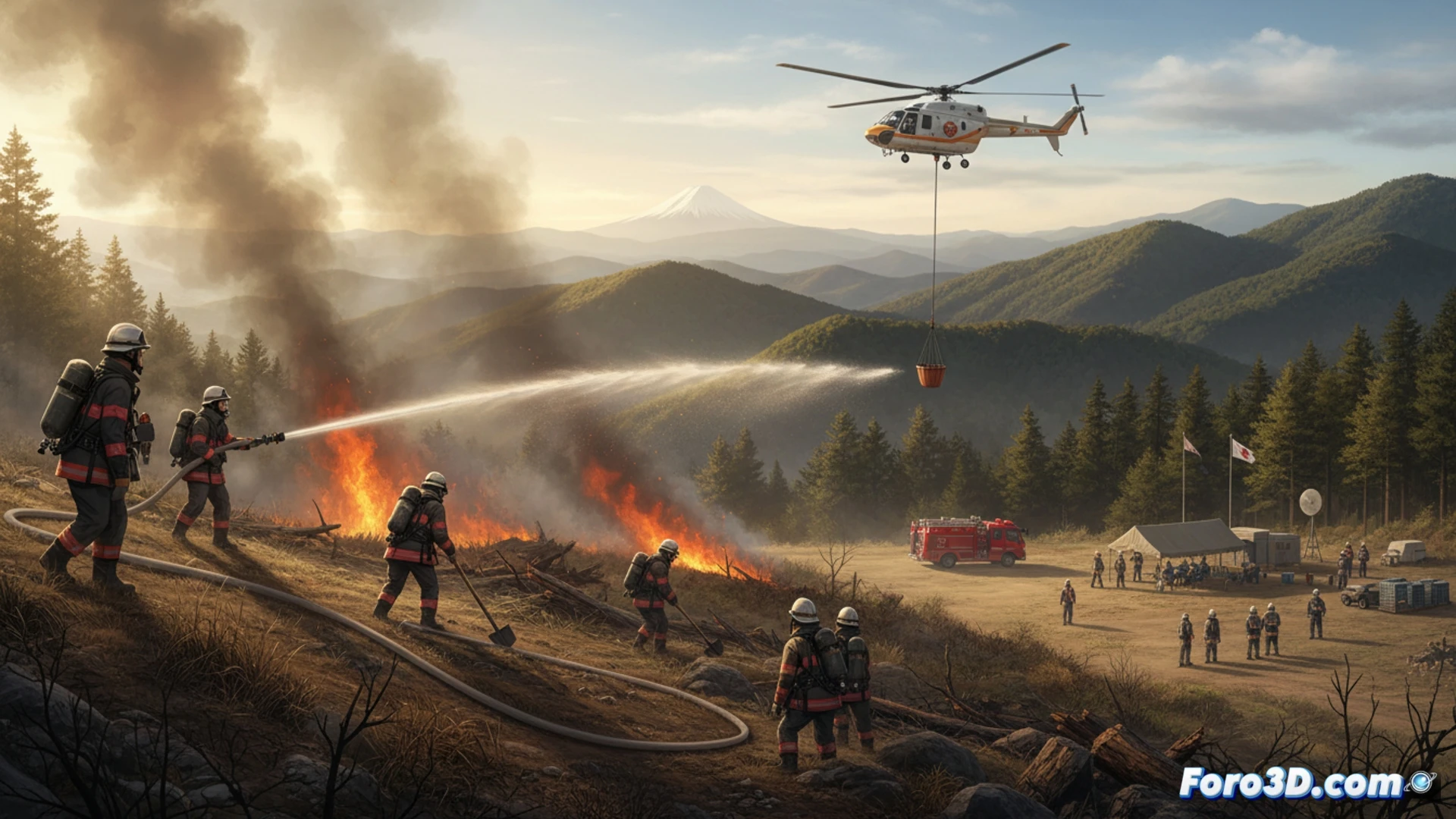 forest fire drill scene at Kōri Dam in Chiba prefecture, approximately 100 firefighters and volunteers in yellow helmets and fire-resistant suits forming a coordinated water supply line, one crew operating a portable pump connected to a collapsible water tank, another team aiming a hose at a simulated fire zone with smoke canisters, dry grass and scattered pine trees on the hillside, a command post with a tactical map and radio equipment on a folding table, bright daylight, hazy sky, cinematic photorealistic style, dynamic action posture, dust particles in the air, realistic textures of gear and terrain