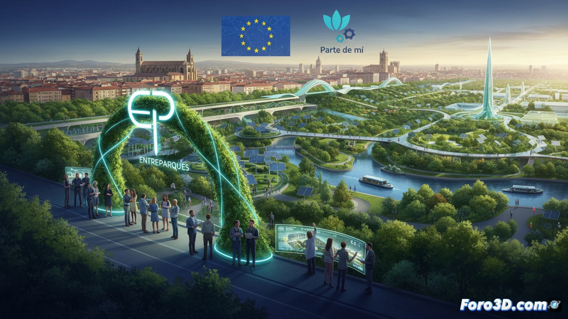 Mapa de Europa con Ciudad Real resaltada, conectada por líneas brillantes a Italia y otras regiones, simbolizando colaboración sostenible e innovación.